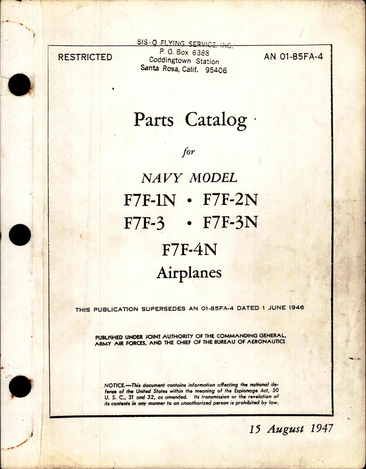 Sample page 1 from AirCorps Library document: Parts Catalog for F7F-1N, F7F-2N, F7F-3, F7F-3N, and F7F-4N