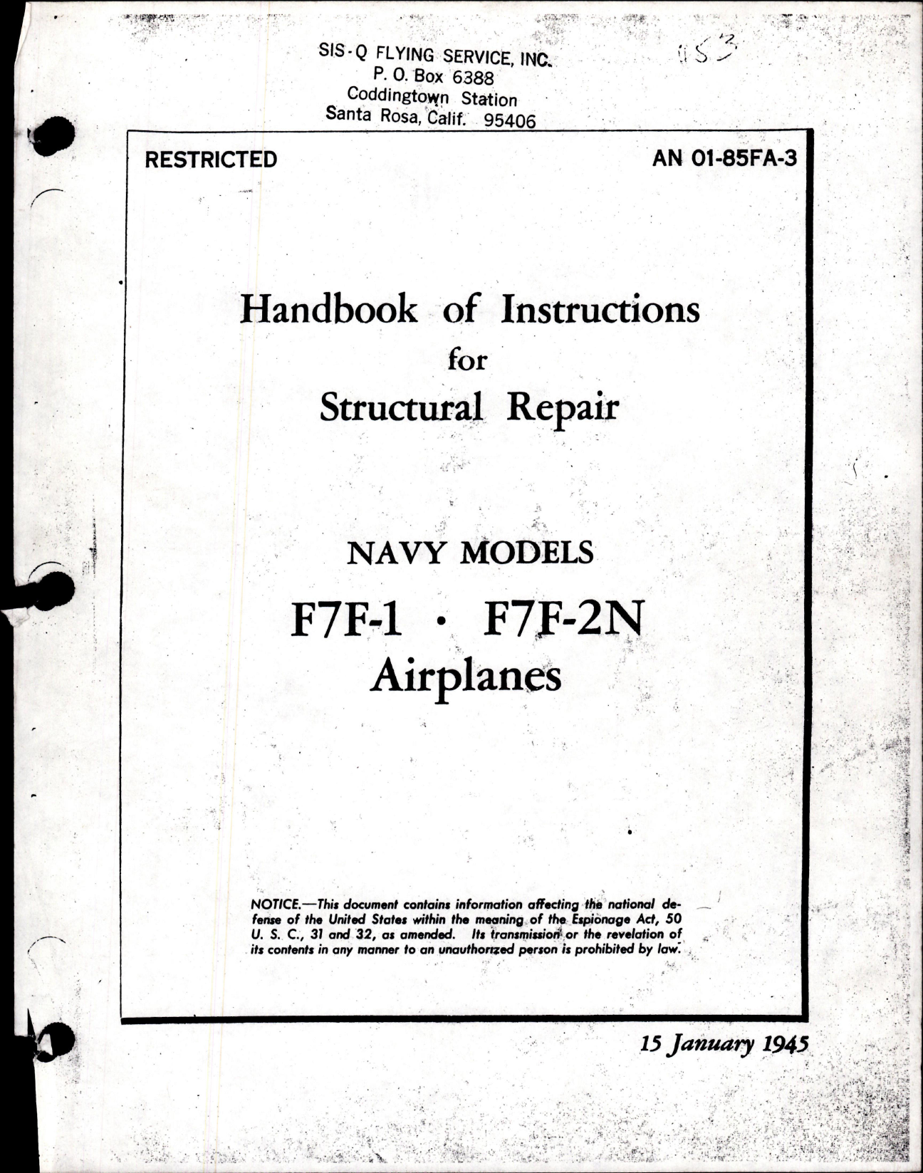 Sample page 1 from AirCorps Library document: Structural Repair Instructions for F7F-1 and F7F-2N