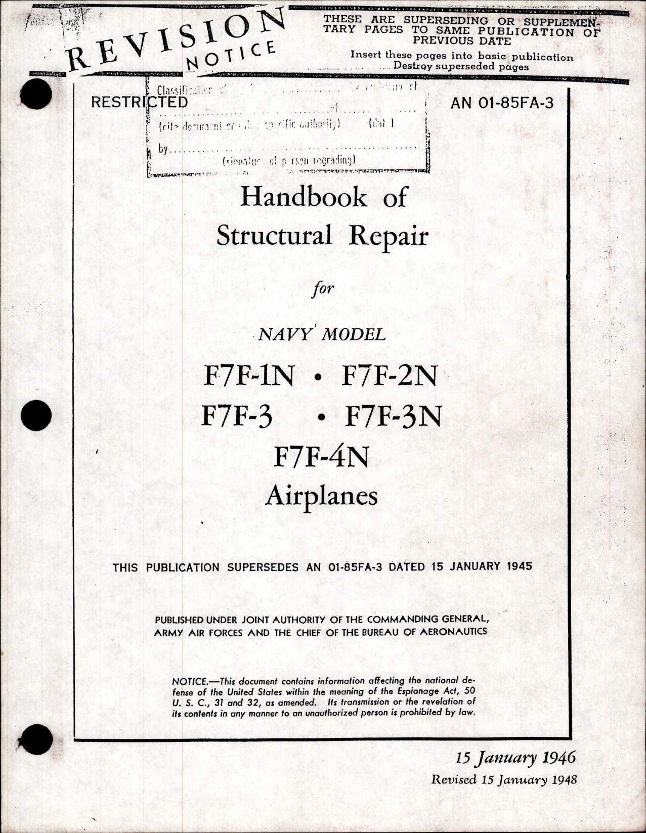 Sample page 1 from AirCorps Library document: Structural Repair Instructions for F7F-1N, F7F-2N, F7F-3, F7F-3N, and F7F-4N