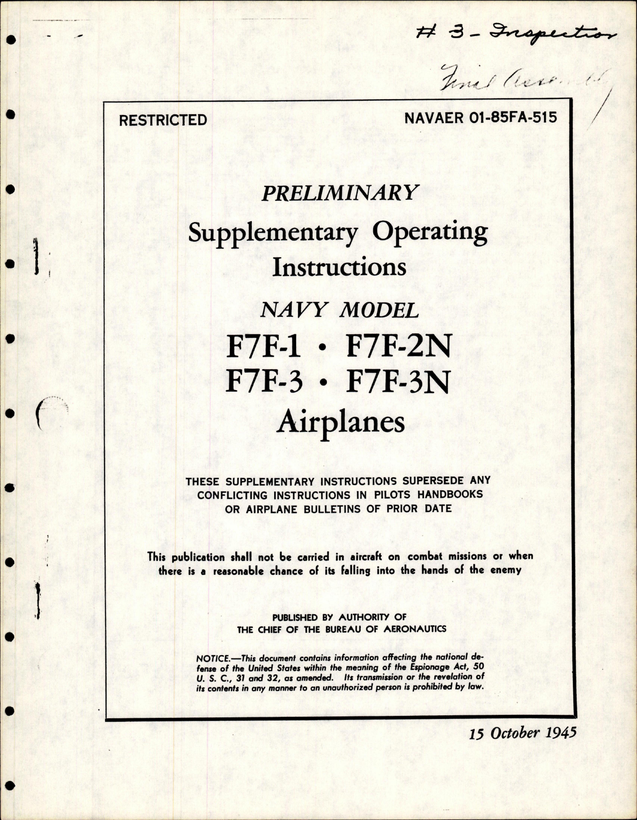 Sample page 1 from AirCorps Library document: Supplementary Operating Instructions for F7F-1N, F7F-2N, F7F-3, and F7F-3N