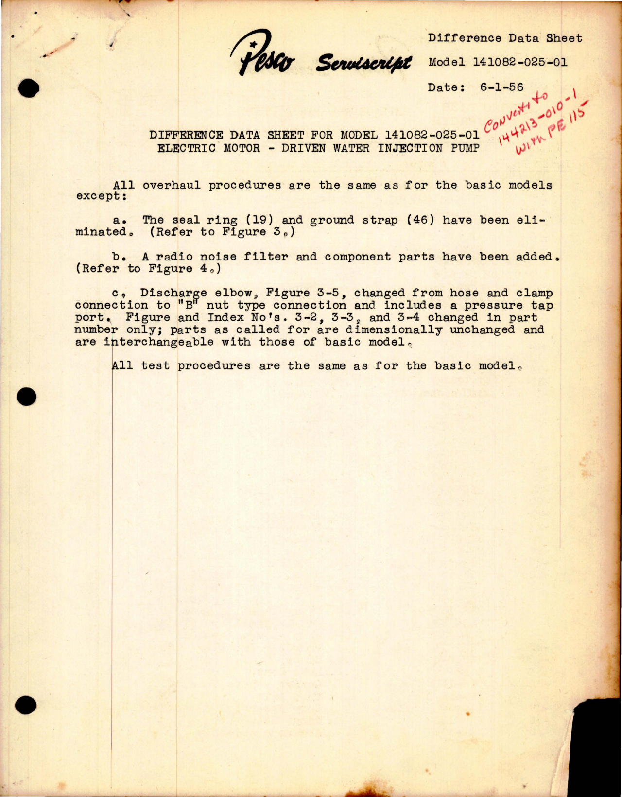 Sample page 1 from AirCorps Library document: Difference Data Sheet for Electric Motor Driven Water Injection Pump - Model 141082-025-01