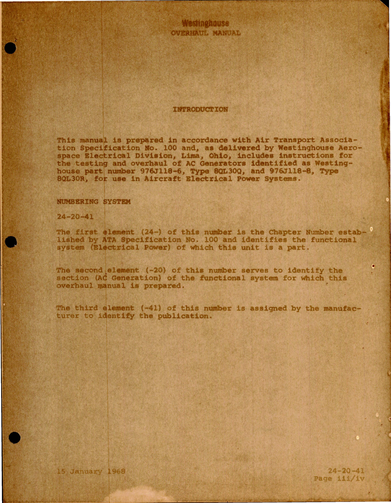 Sample page 5 from AirCorps Library document: Overhaul Manual for AC Generator - Types 8QL30Q and 8QL30R - Parts 976J118-6, 976J118-8