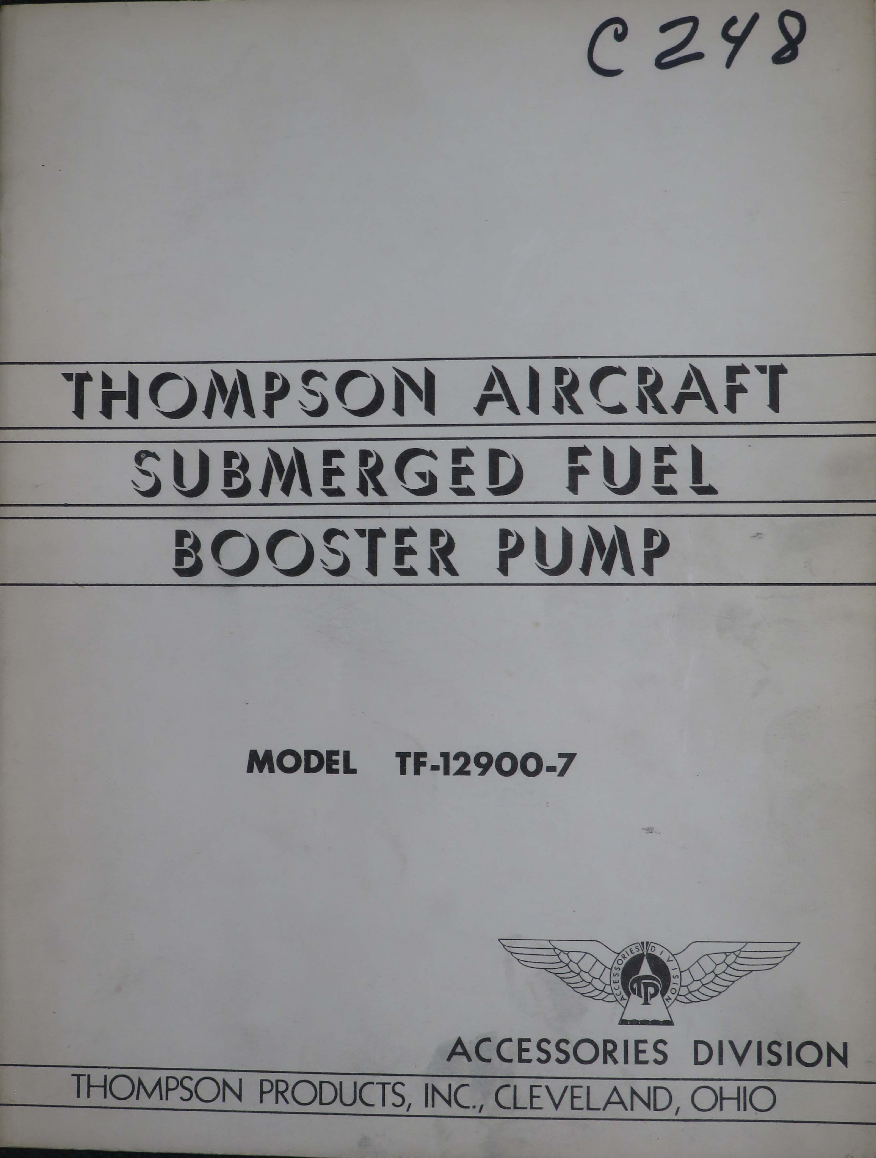 Sample page 1 from AirCorps Library document: Thompson Aircraft Submerged Fuel Booster Pump - Model TF-12900-7