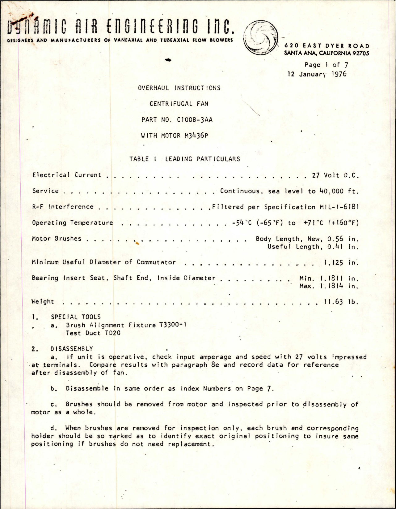 Sample page 1 from AirCorps Library document: Overhaul Instructions for Centrifugal Fan - Part C100B-3AA 