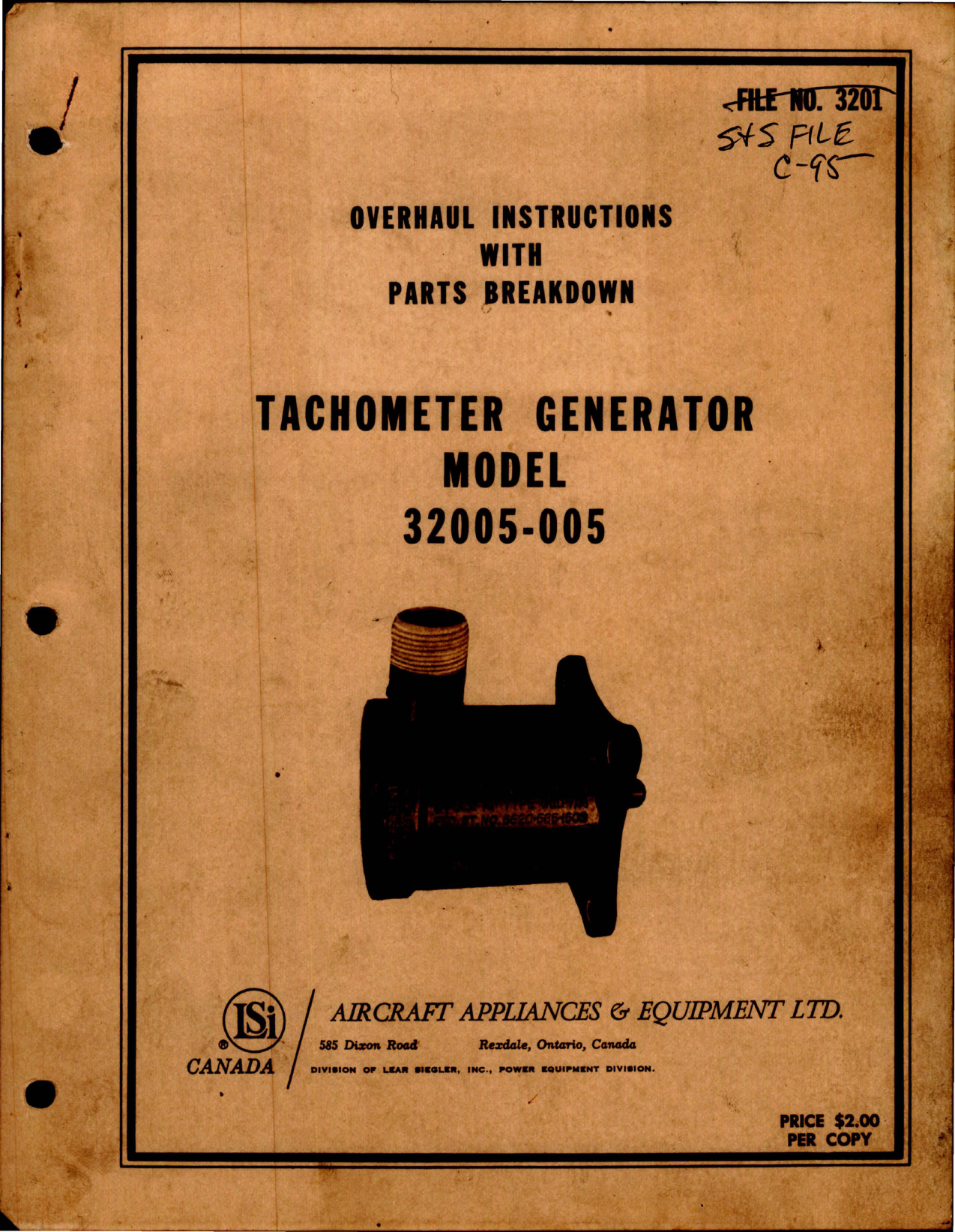 Sample page 1 from AirCorps Library document: Overhaul Instructions with Parts for Tachometer Generator - Model 32005-005