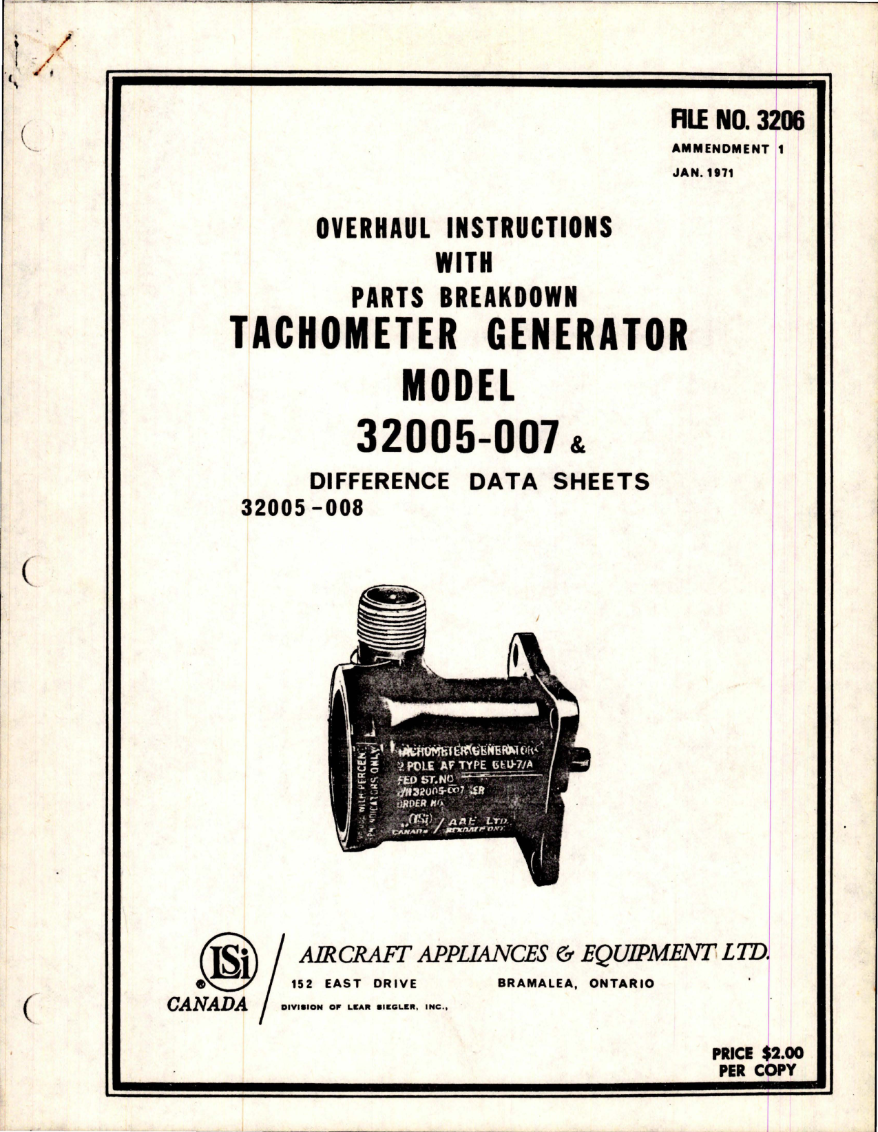 Sample page 1 from AirCorps Library document: Overhaul Instructions with Parts -  for Tachometer Generator - Amendment 1 - Models 32005-007 and 32005-008 
