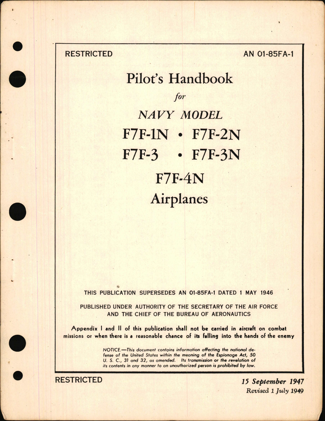 Sample page 1 from AirCorps Library document: Pilot's Handbook for F7F-1N, F7F-2N, F7F-3, F7F-3N, and F7F-4N