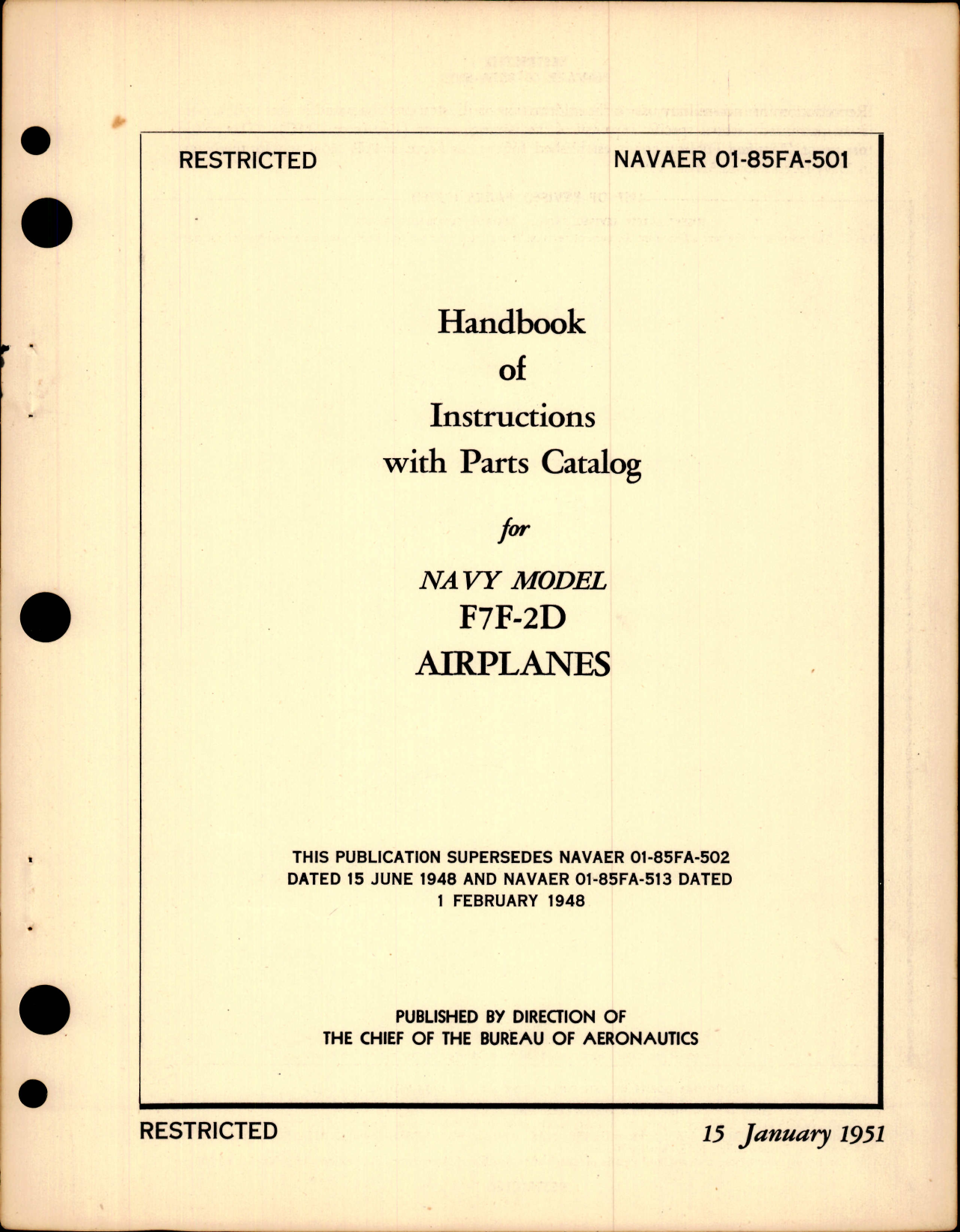 Sample page 1 from AirCorps Library document: Handbook of Instructions with Parts Catalog for F7F-2D
