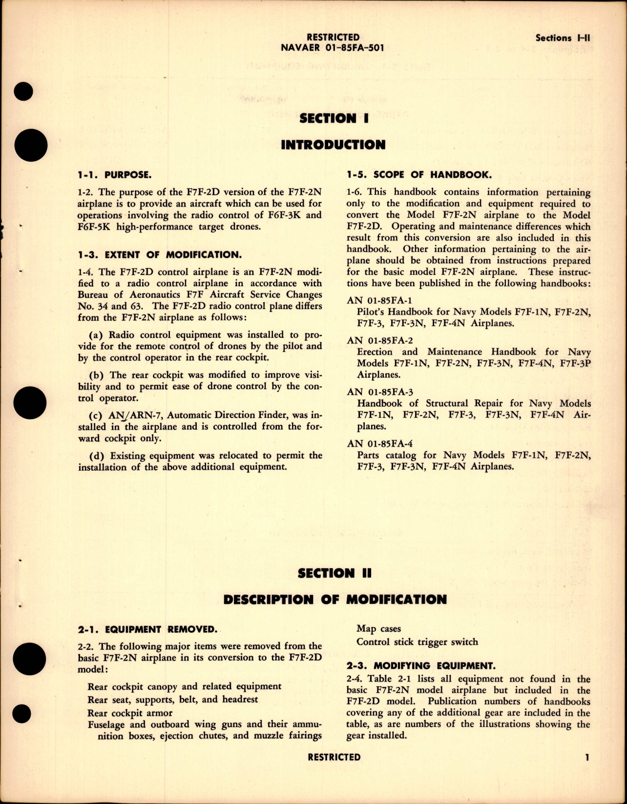 Sample page 5 from AirCorps Library document: Handbook of Instructions with Parts Catalog for F7F-2D