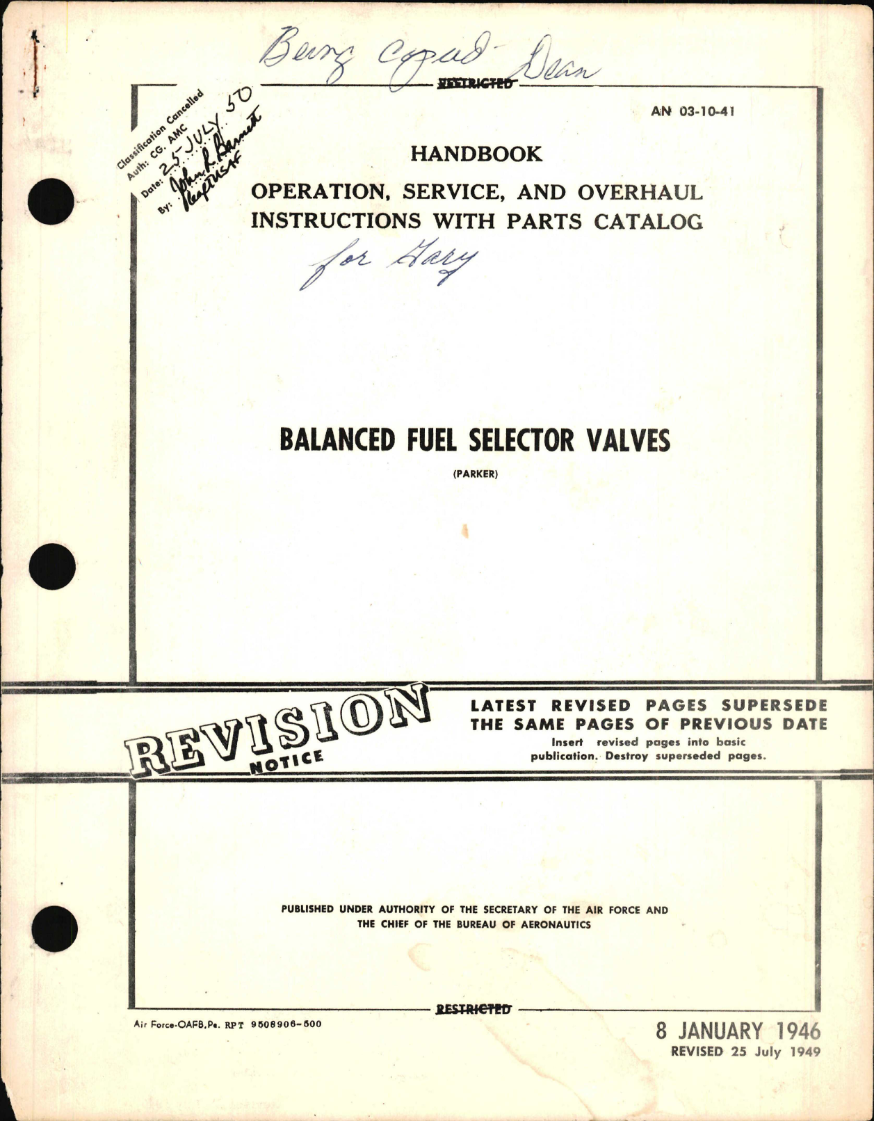 Sample page 1 from AirCorps Library document: Operation, Service, and Overhaul Instructions with Parts Catalog for Balanced Fuel Selector Valves