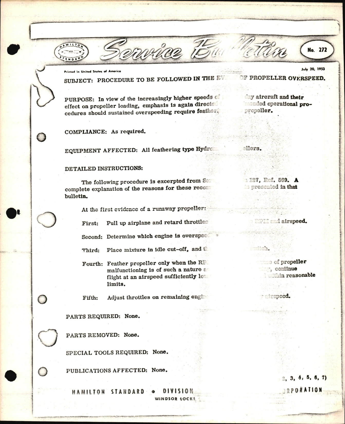 Sample page 1 from AirCorps Library document: Procedure to be Followed in the Event of Propeller Overspeed