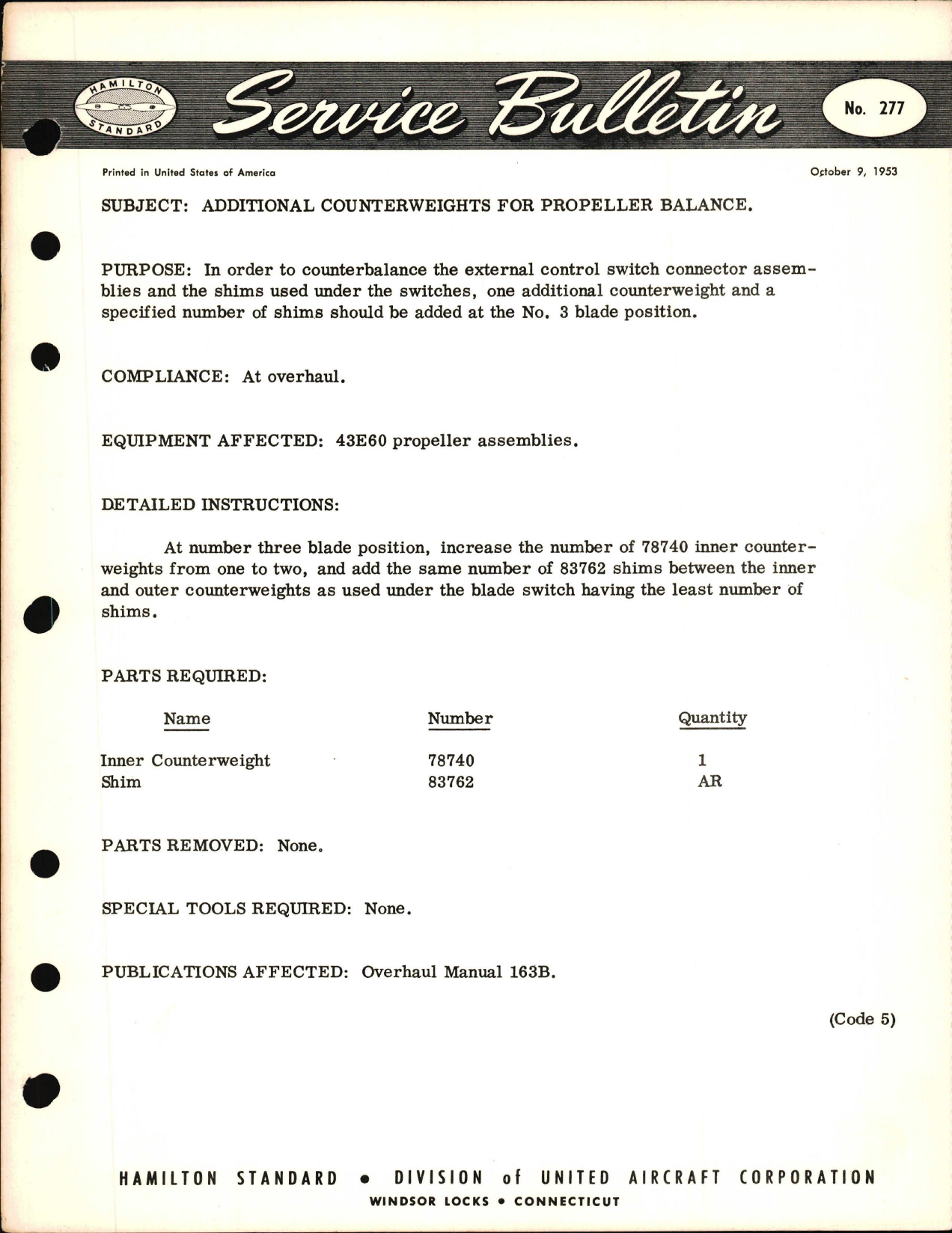 Sample page 1 from AirCorps Library document: Additional Counterweights for Propeller Balance
