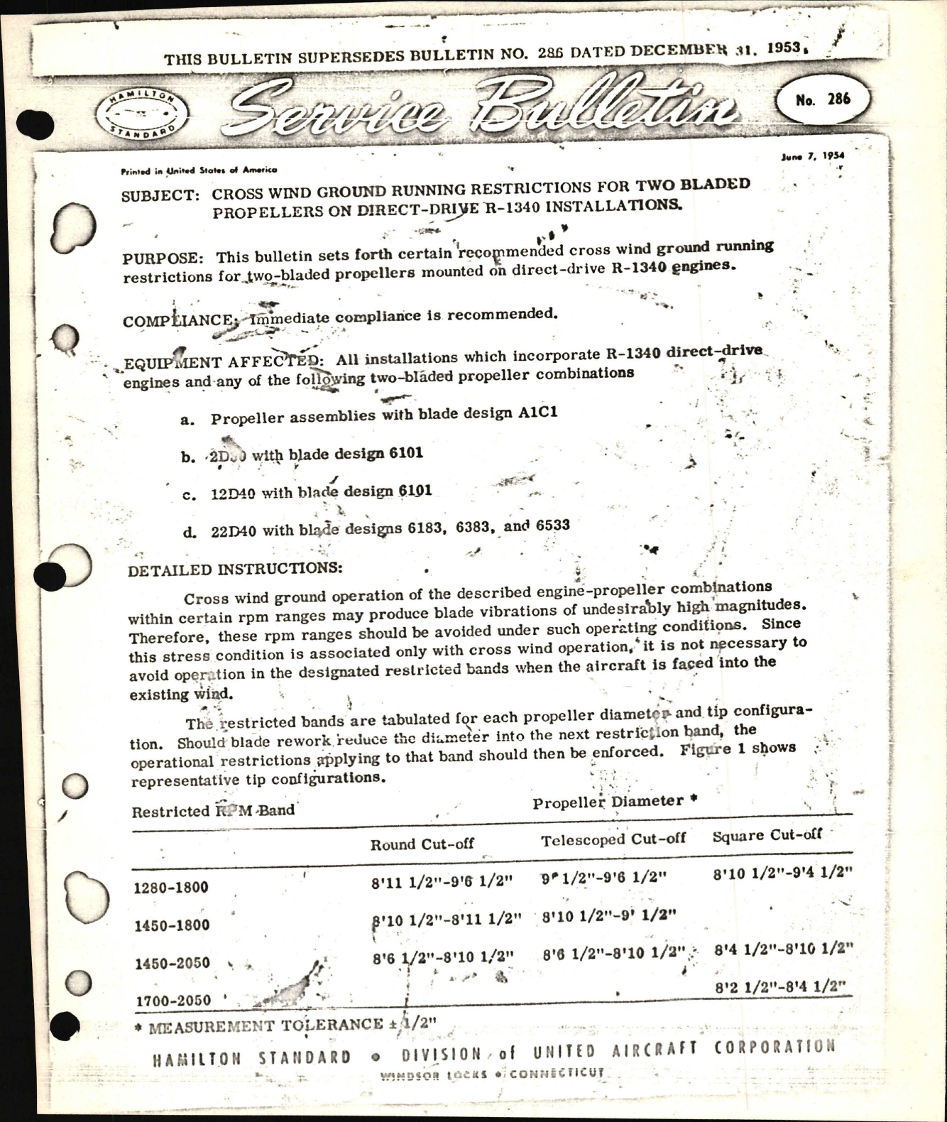 Sample page 1 from AirCorps Library document: Cross Wind Ground Running Restrictions for Two Bladed Propellers on Direct-Drive R-1340 Installations