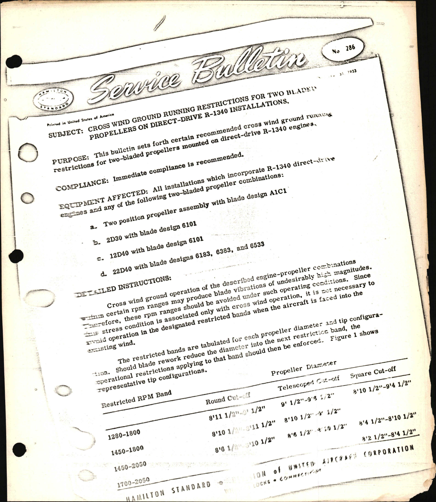 Sample page 1 from AirCorps Library document: Cross Wind Ground Running Restrictions for Two Bladed Propellers on Direct-Drive R-1340 Installations