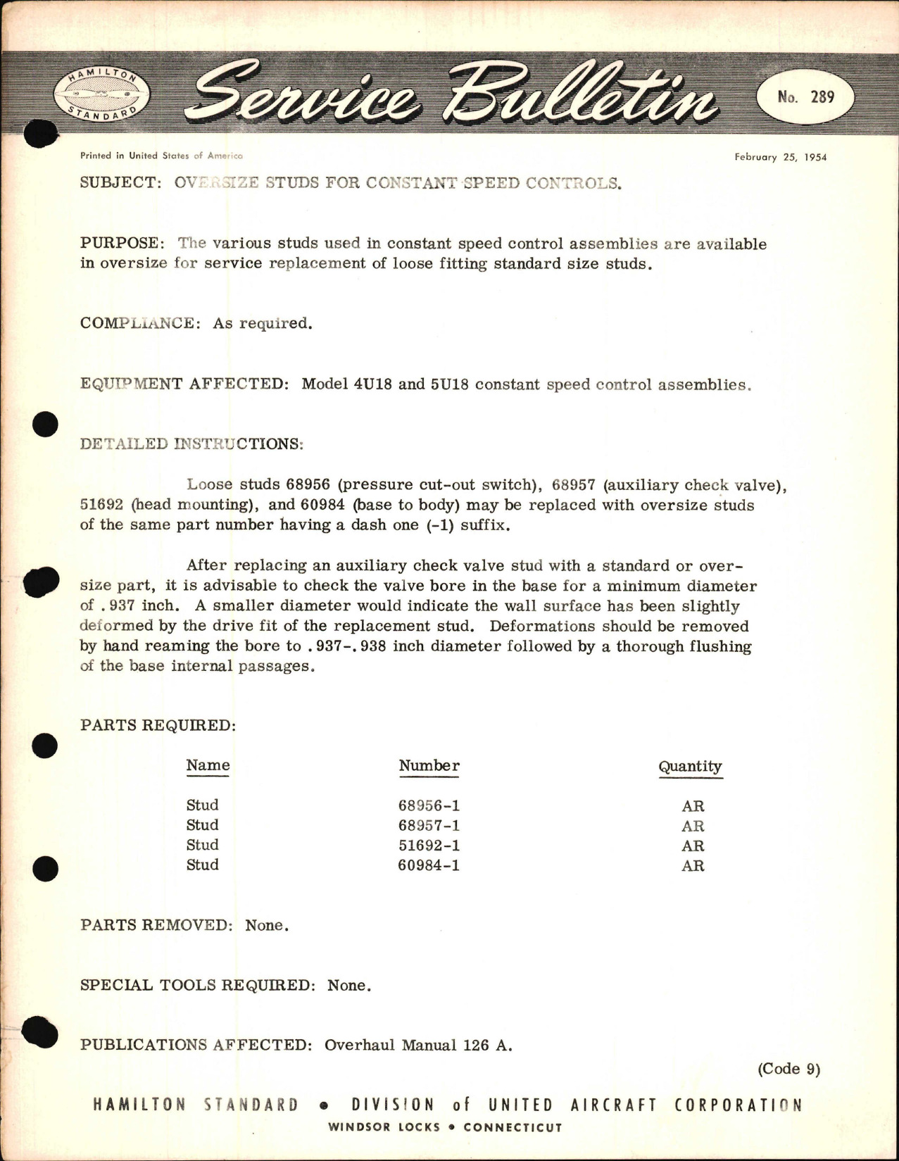 Sample page 1 from AirCorps Library document: Oversize Studs for Constant Speed Controls