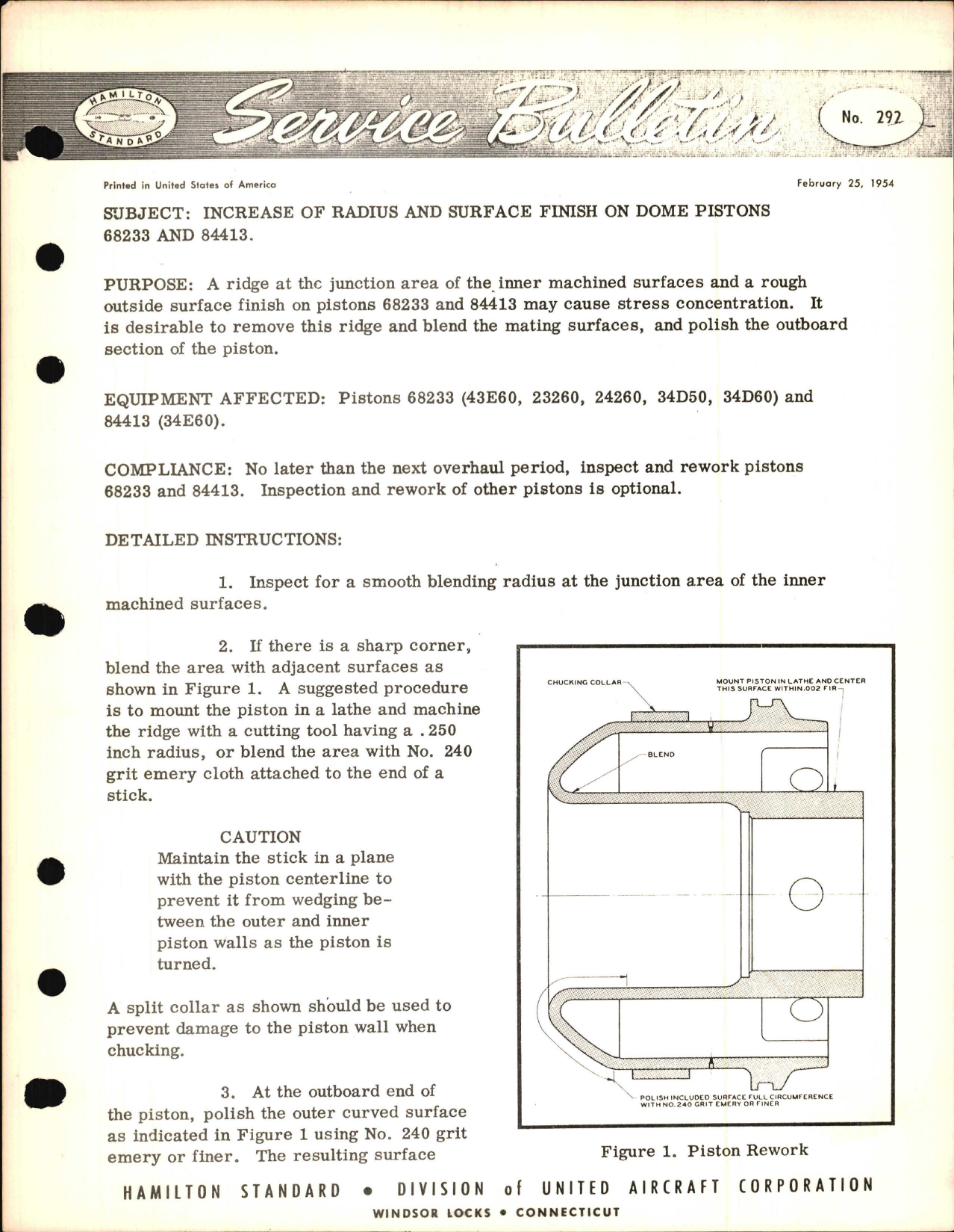 Sample page 1 from AirCorps Library document: Increase of Radius and Surface Finish on Dome Pistons 68233 and 84413