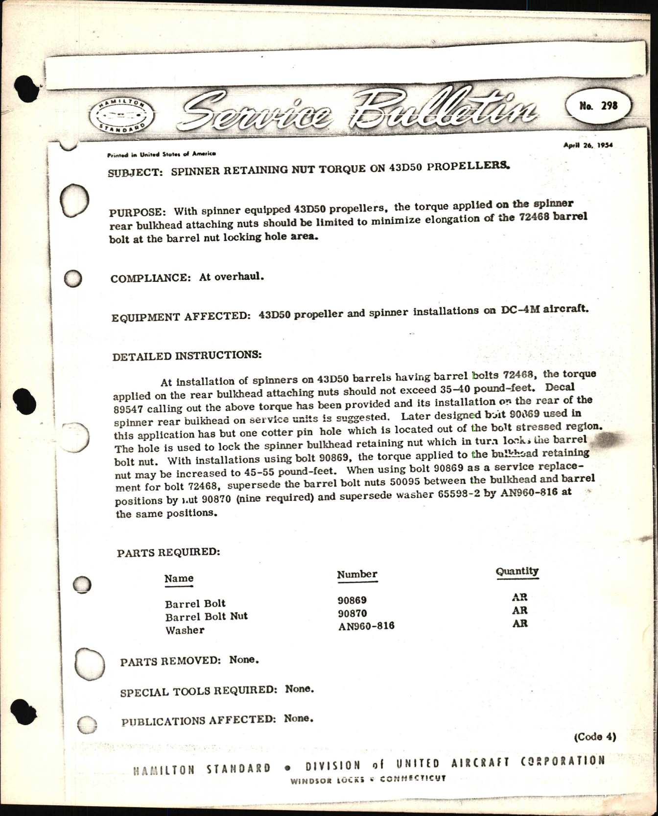 Sample page 1 from AirCorps Library document: Spinner Retaining Nut Torque on 43D50 Propellers