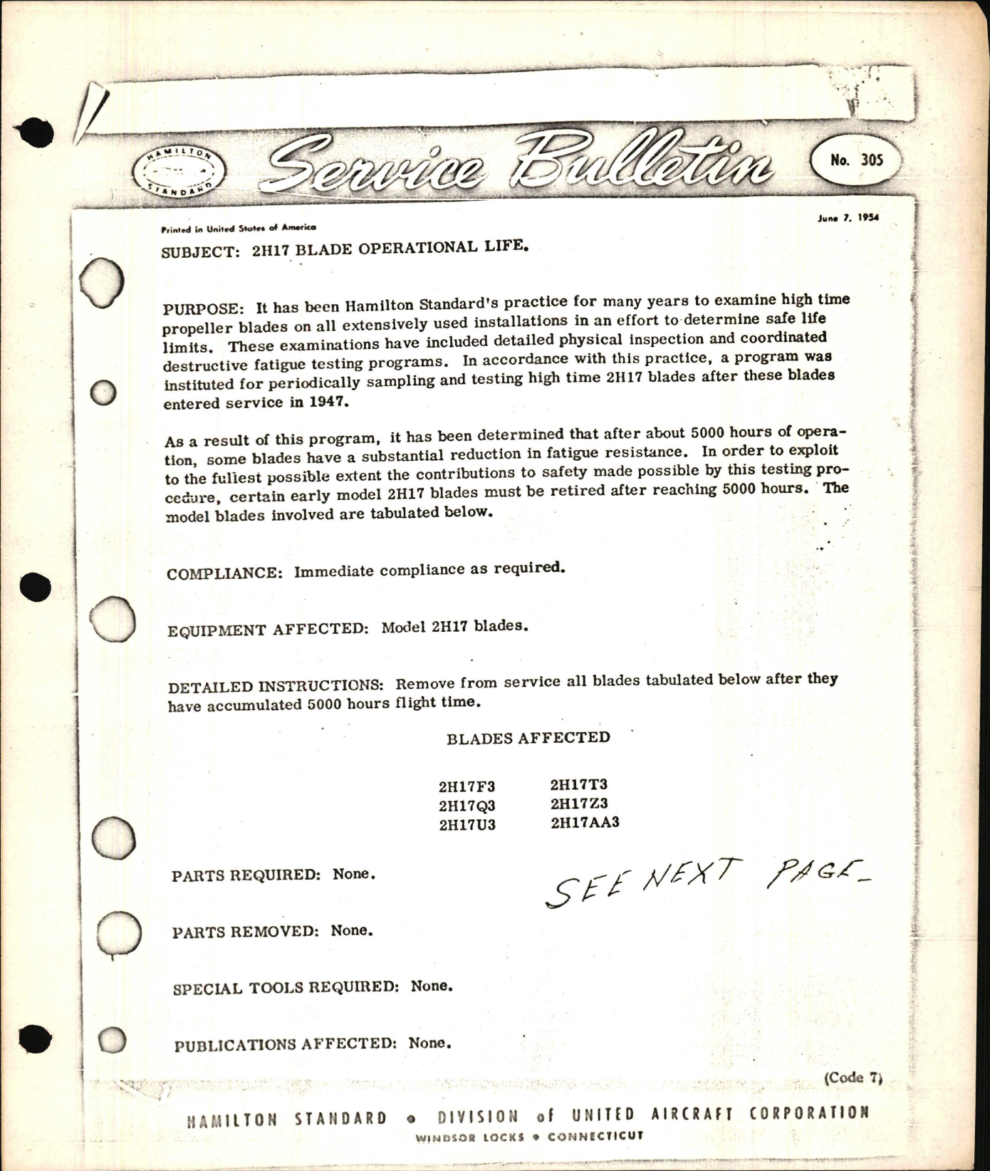 Sample page 1 from AirCorps Library document: 2H17 Blade Operational Life