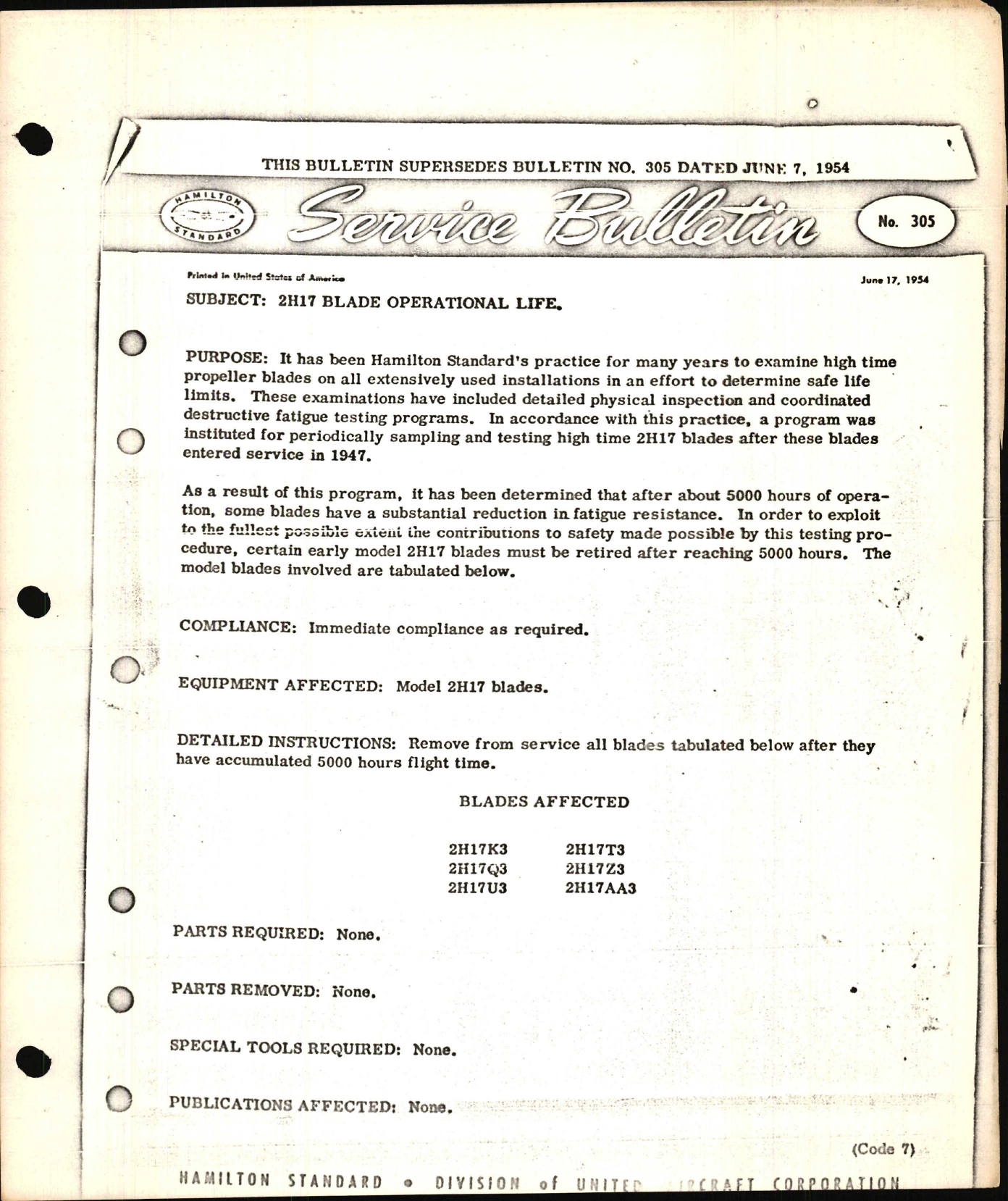 Sample page 1 from AirCorps Library document: 2H17 Blade Operational Life