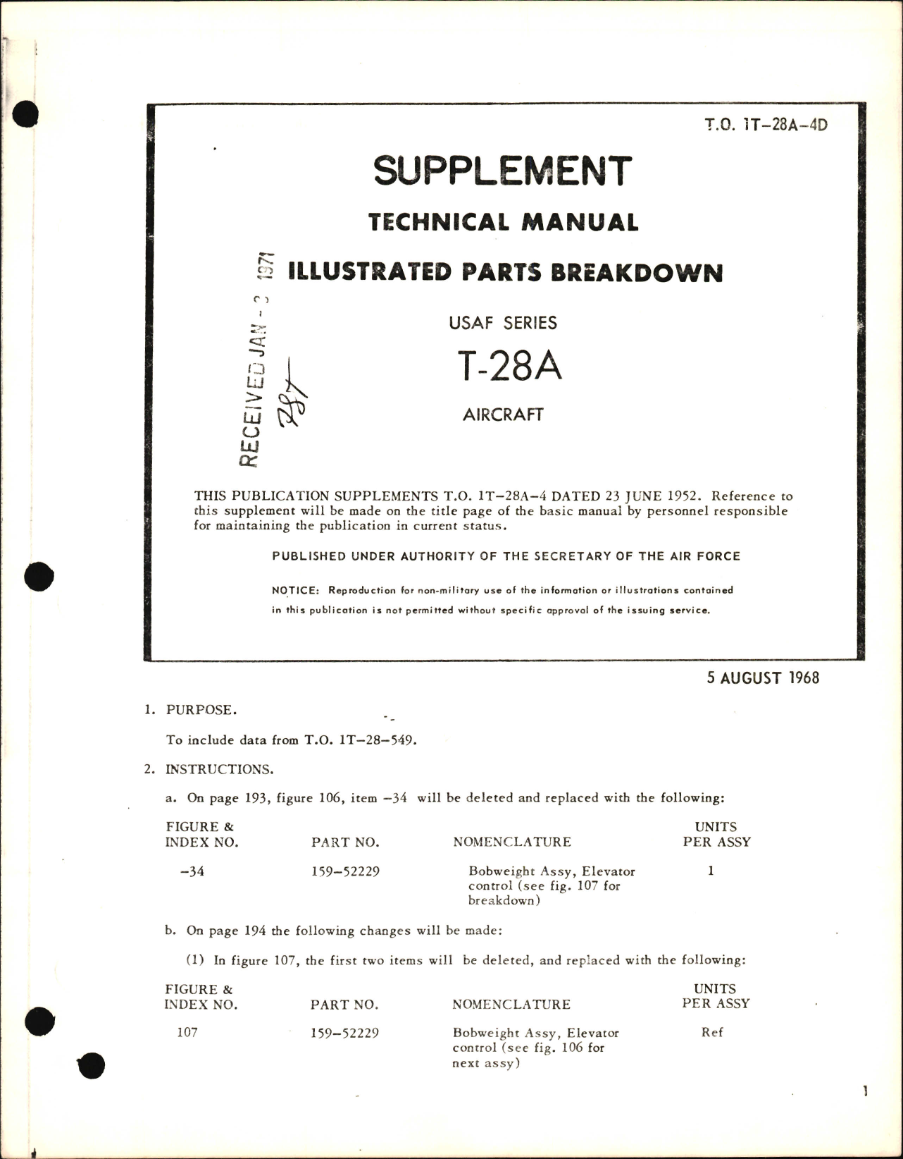 Sample page 1 from AirCorps Library document: Illustrated Parts Breakdown for T-28A - Supplement 