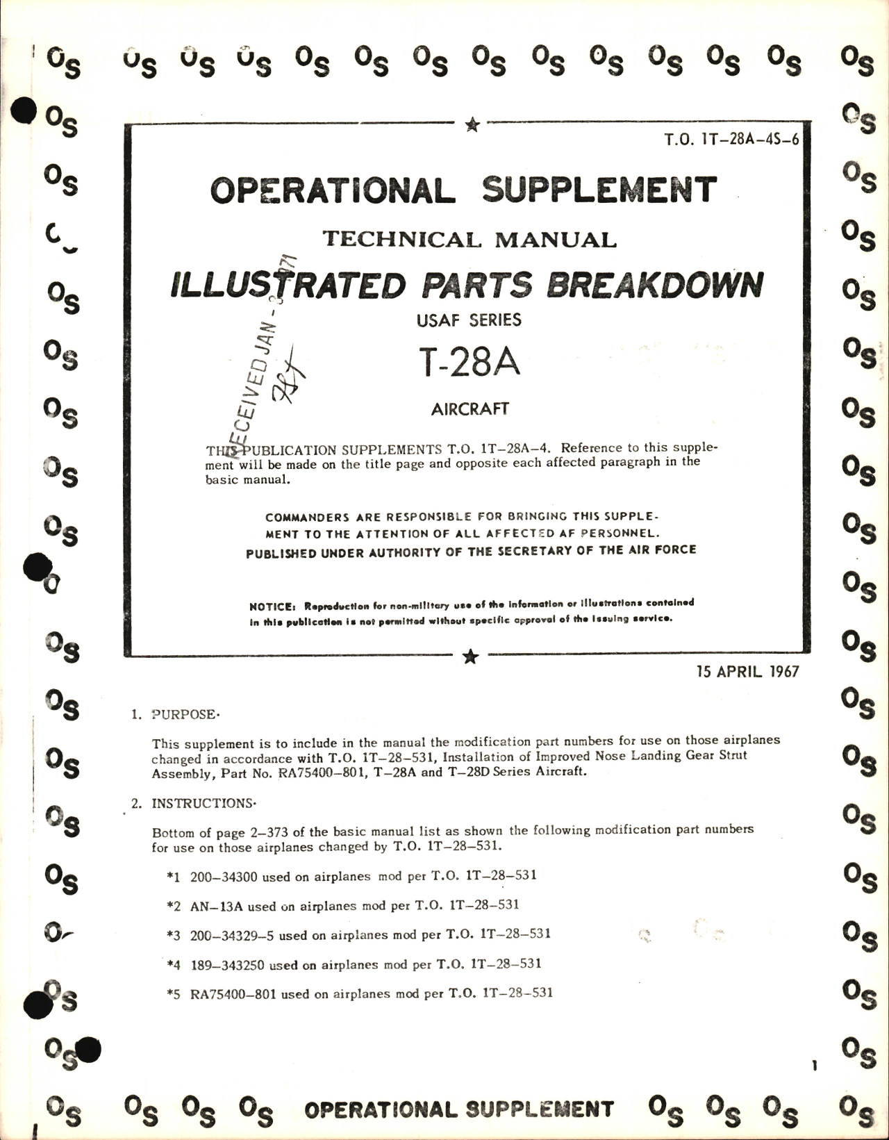 Sample page 1 from AirCorps Library document: Illustrated Parts Breakdown for T-28A - Operational Supplement