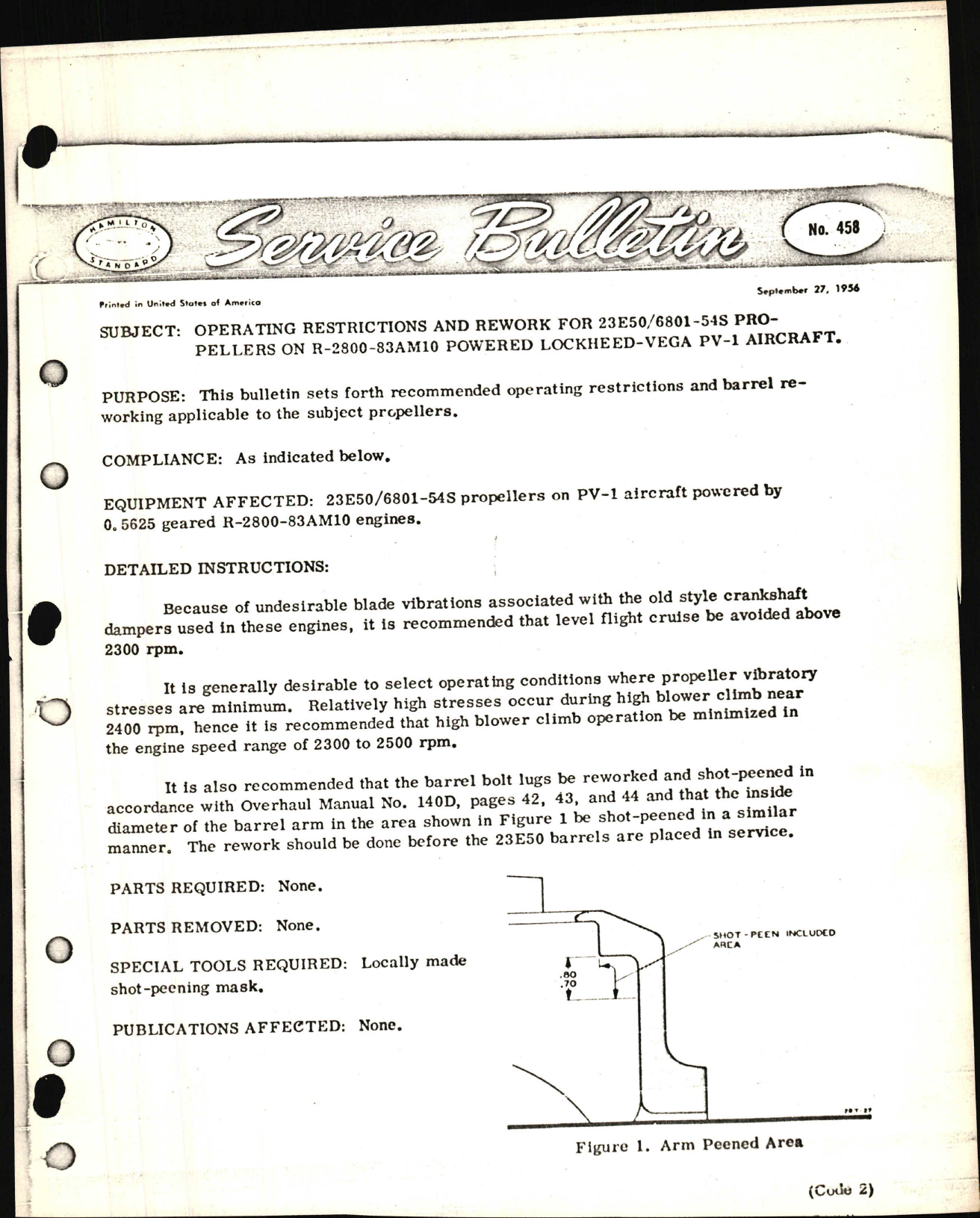 Sample page 1 from AirCorps Library document: Operating Restrictions and Rework for 23E50/6801-54S Propellers on R-2800-83AM10 Powered Lockheed-Vega PV-1 Aircraft