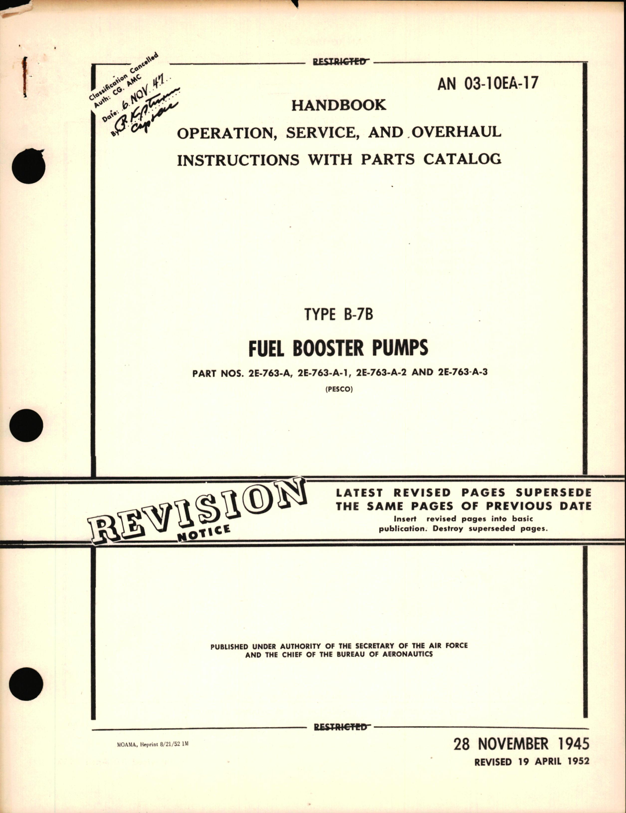 Sample page 1 from AirCorps Library document: Operation, Service, and Overhaul Instructions with Parts Catalog for Fuel Booster Pumps Type B-7B