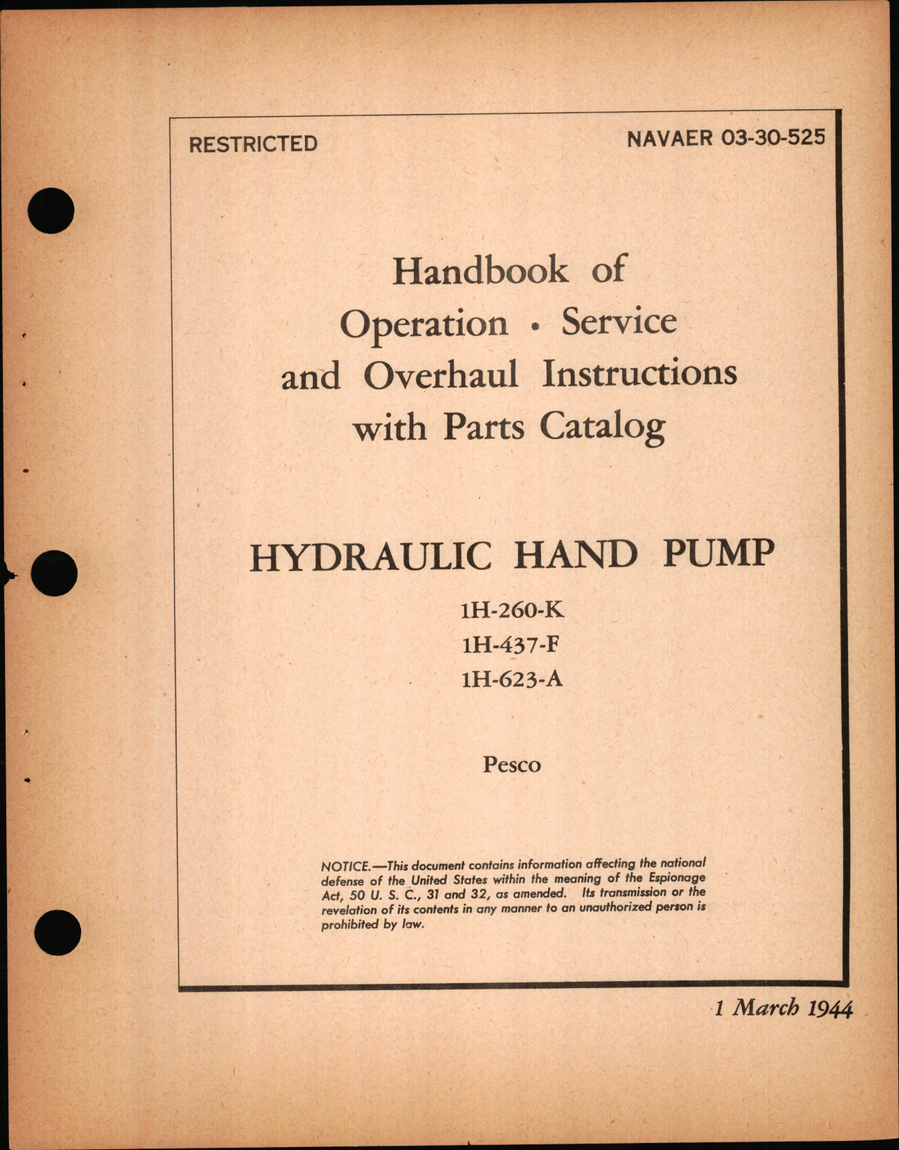 Sample page 1 from AirCorps Library document: Operation, Service, and Overhaul Instructions with Parts Catalog for Hydraulic Hand Pump , 
