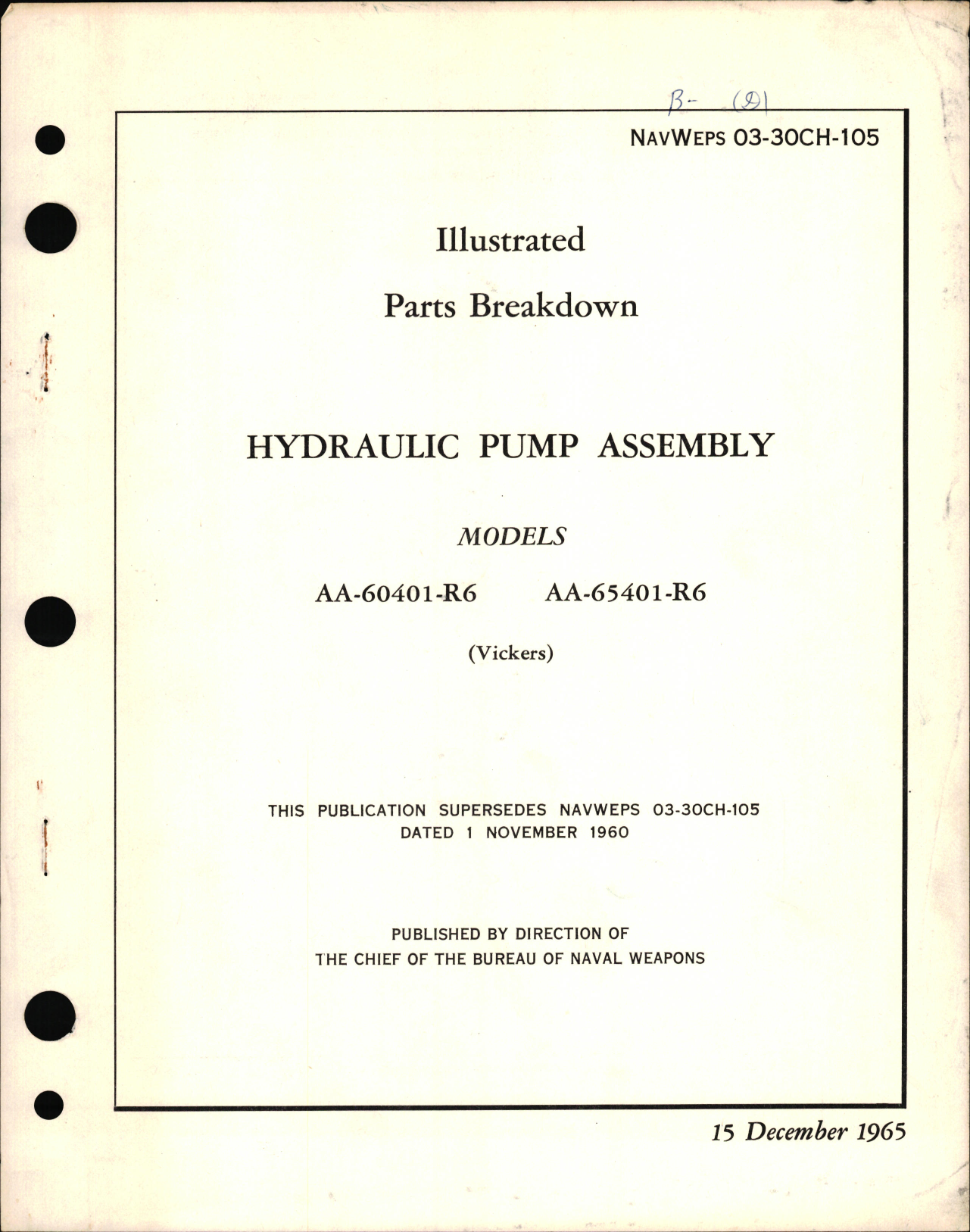 Sample page 1 from AirCorps Library document: Illustrated Parts Breakdown for Hydraulic Pump Assembly Models AA-60401-R6 and AA-65401-R6