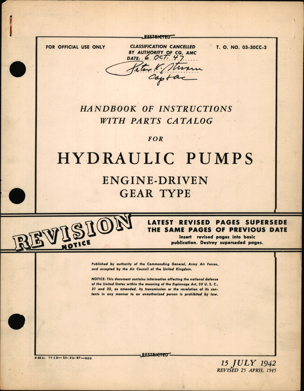 Sample page 1 from AirCorps Library document: Instructions with Parts Catalog for Hydraulic Pumps  Engine-Driven Gear Type
