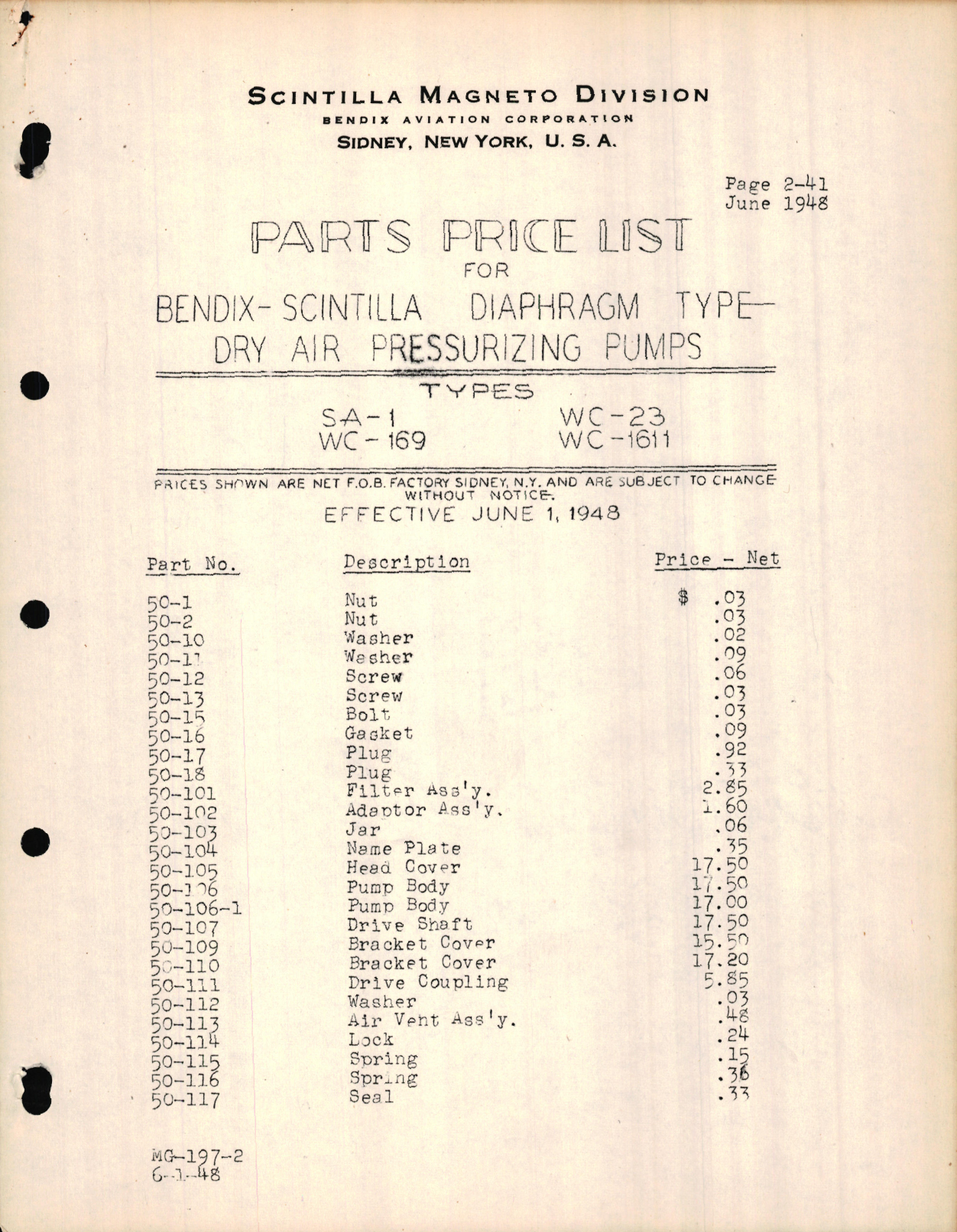 Sample page 1 from AirCorps Library document: Parts Price List for Bendix-Scintilla Diaphragm Type - Dry Air Pressurizing Pumps Types SA-1, WC-23, WC-169, WC-1611