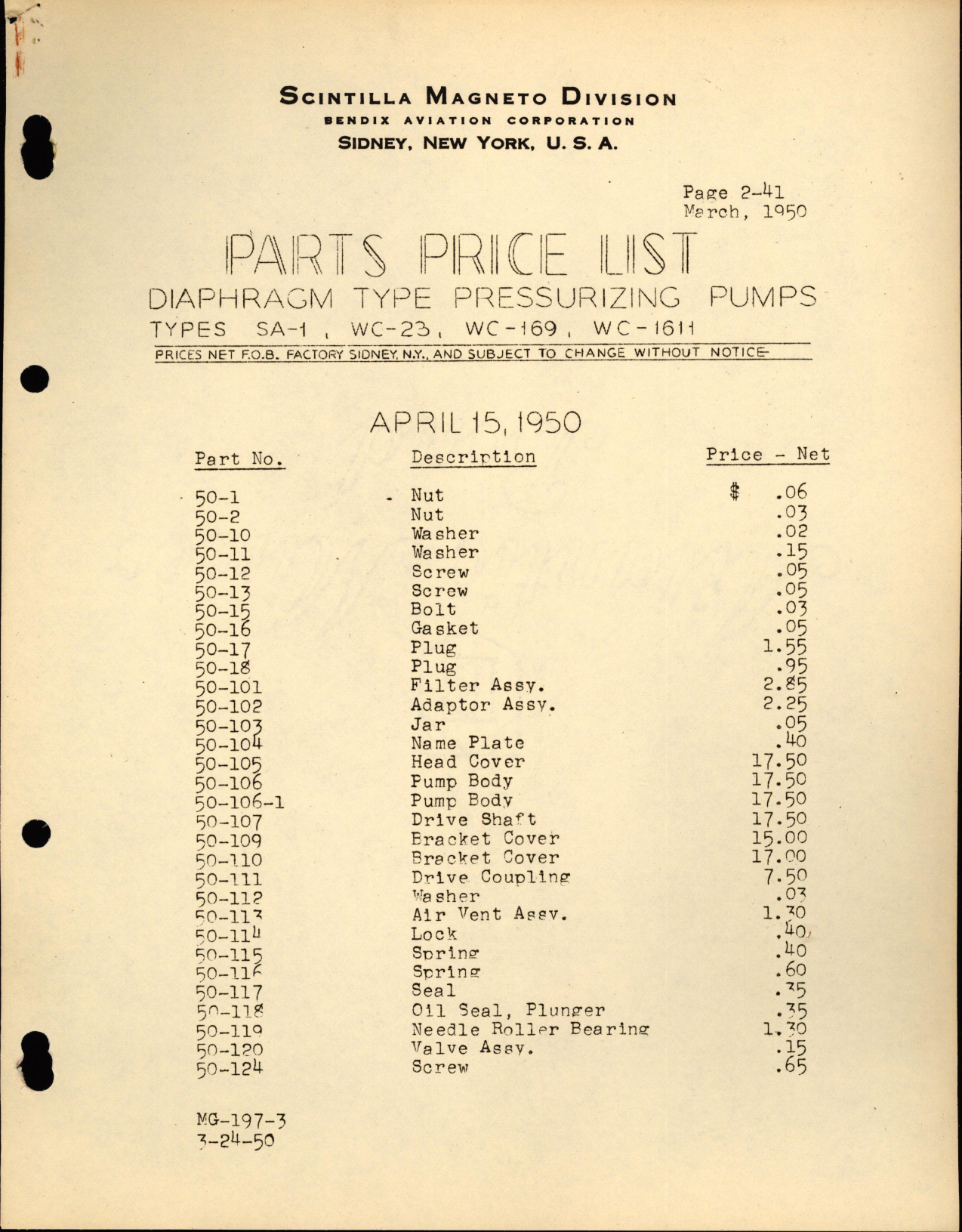 Sample page 1 from AirCorps Library document: Parts Price List for Diaphragm Type Pressurizing Pumps Types SA-1, WC-23, WC-169, WC-1611
