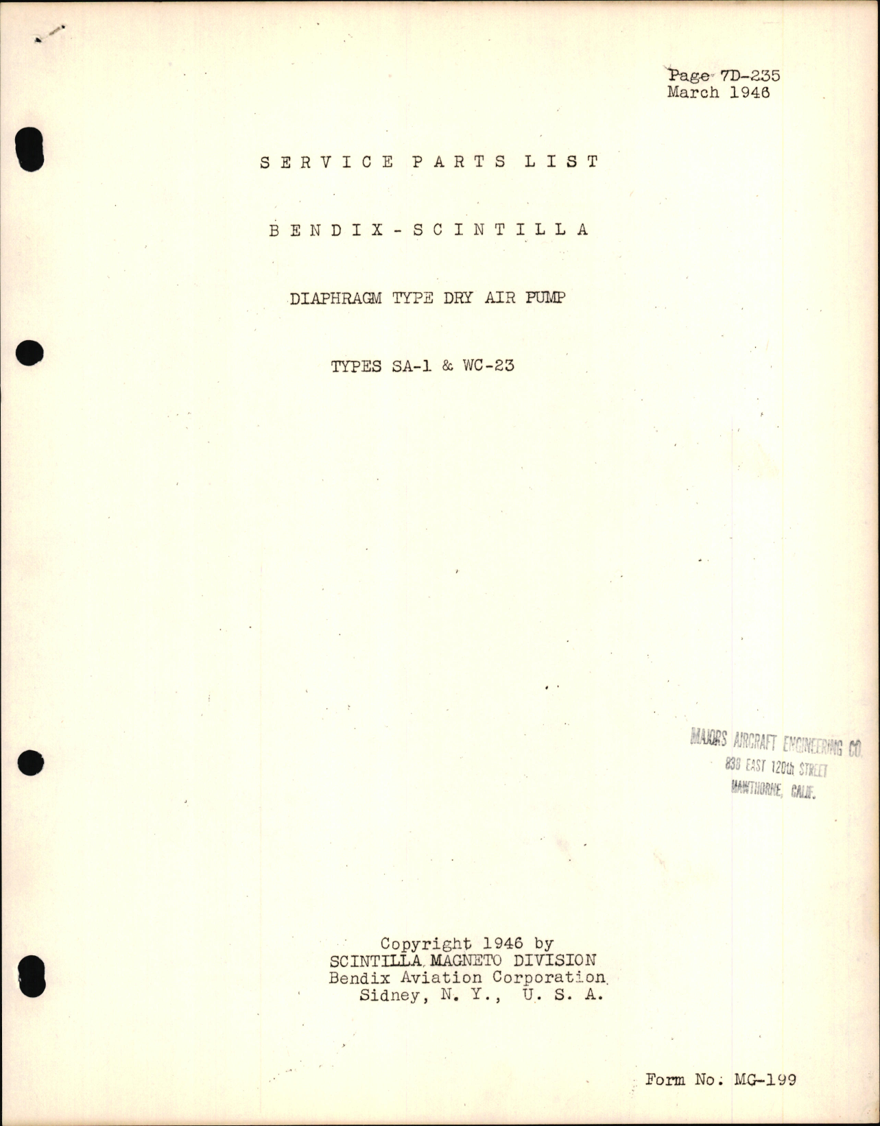 Sample page 1 from AirCorps Library document: Service Parts List for Bendix-Scintilla Diaphragm Type Dry Air Pump Types SA-1 and WC-23
