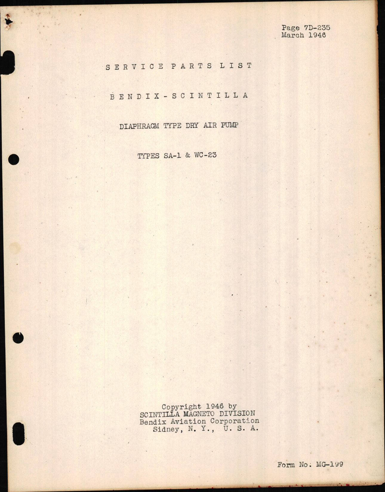Sample page 1 from AirCorps Library document: Service Parts List for Bendix-Scintilla Diaphragm Type Dry Air Pump Types SA-1 and WC-23