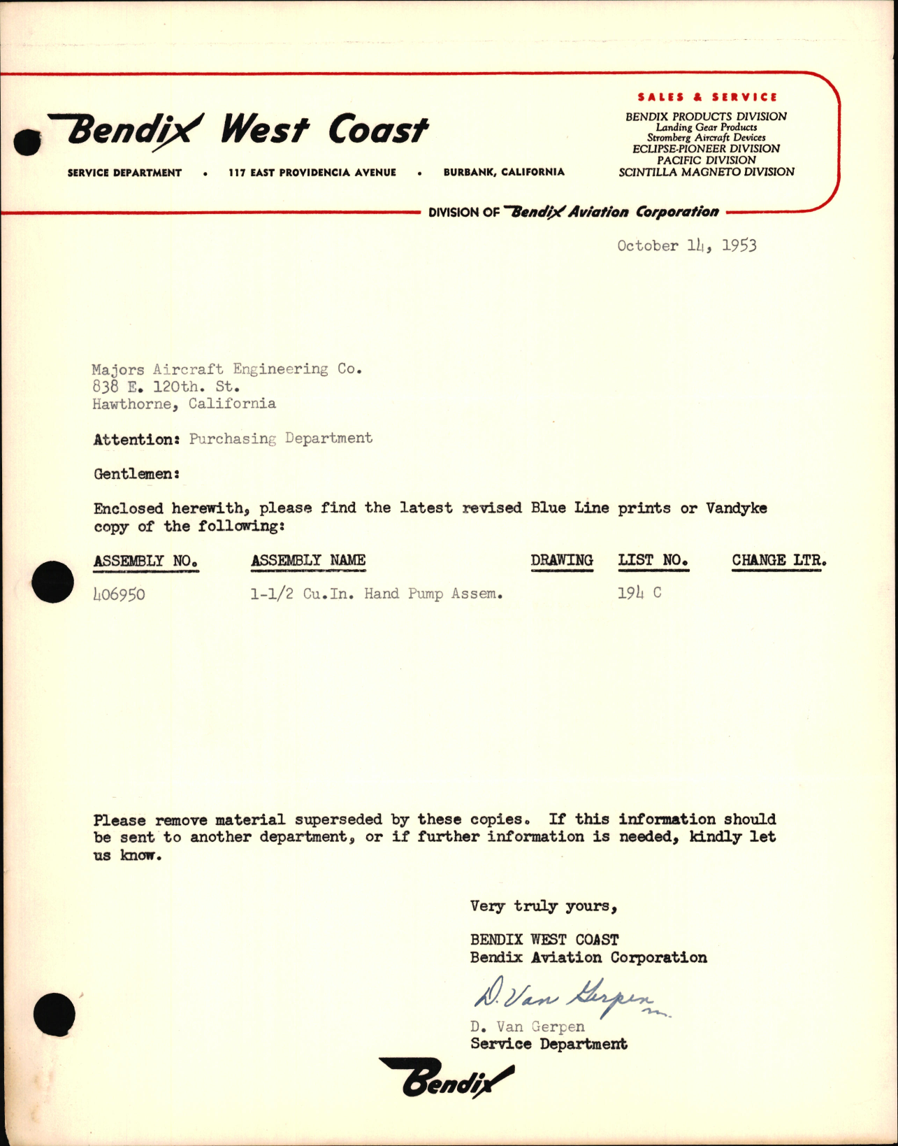 Sample page 1 from AirCorps Library document: Correspondence Concerning Revision to Hand Pump No. 406950