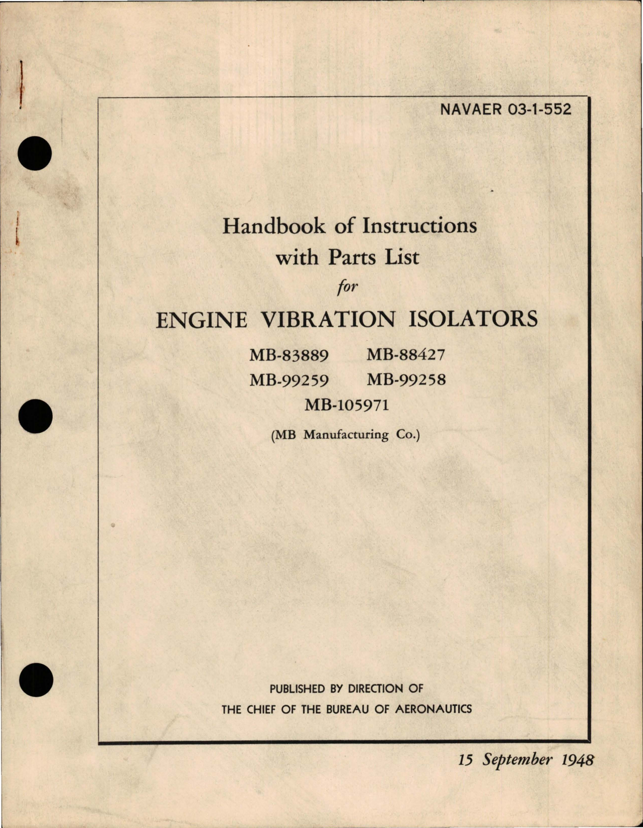 Sample page 1 from AirCorps Library document: Instructions with Parts List for Engine Vibration Isolators - MB-83889, MB-99259, MB-88427, MB-99258, and MB-105971