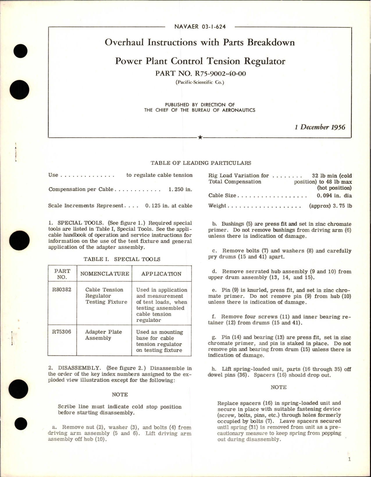 Sample page 1 from AirCorps Library document: Overhaul Instructions with Parts Breakdown for Power Plant Control Tension Regulator - Part R75-9002-40-00