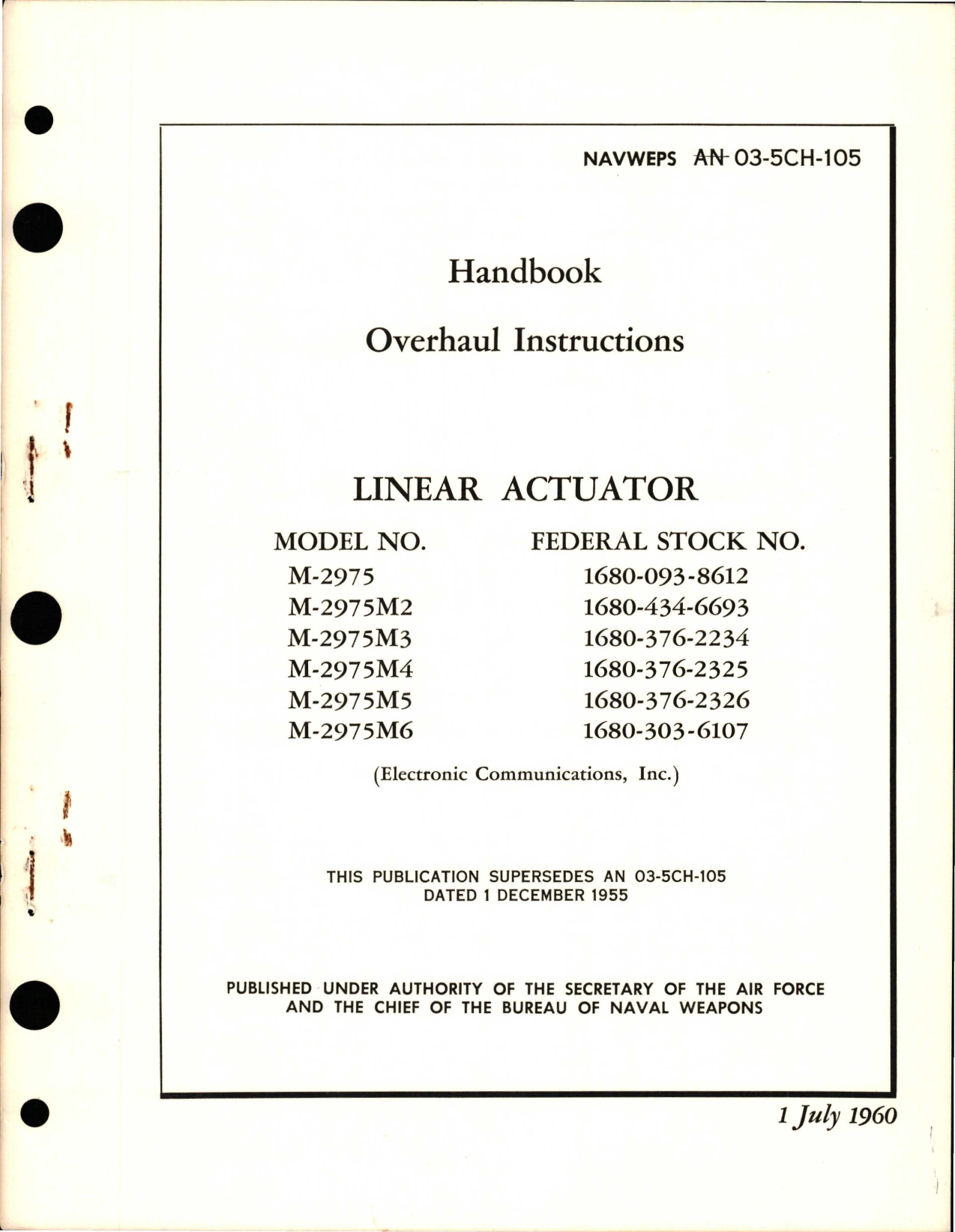 Sample page 1 from AirCorps Library document: Overhaul Instructions for Linear Actuator - Model M-2975, M-2975M2, M-2975M3, M-2975M4, M-2975M5, and M-2975M6
