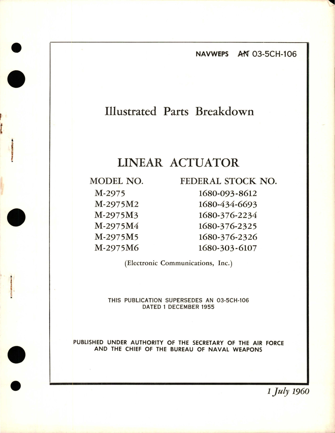 Sample page 1 from AirCorps Library document: Illustrated Parts Breakdown for Linear Actuator - Models M-2975, M-2975M2, M-2975M3, M-2975M4, M-2975M5, and M-2975M6