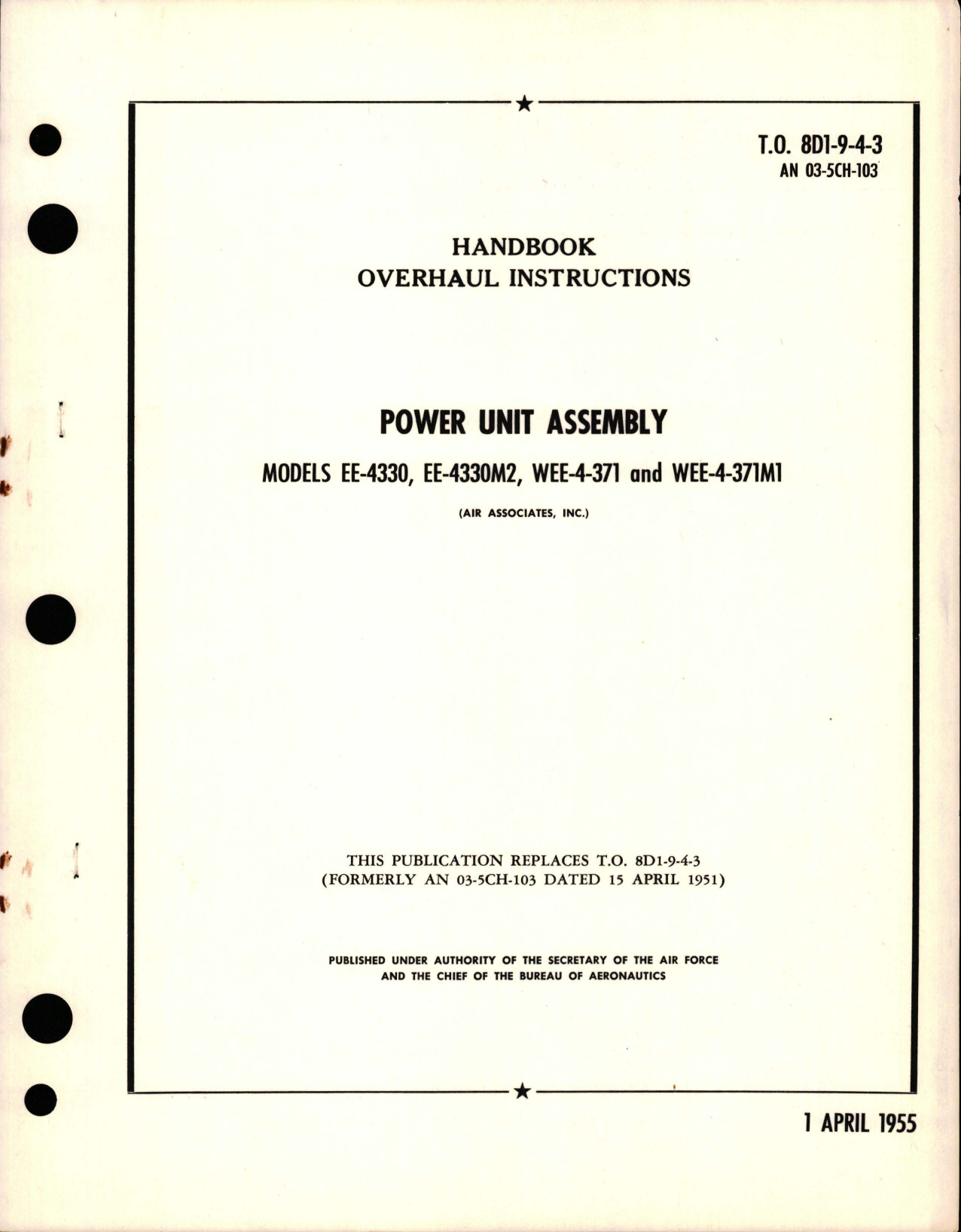 Sample page 1 from AirCorps Library document: Overhaul Instructions for Power Unit Assembly - Models EE-4330, EE-4330M2, WEE-4-371, and WEE-4-371M1