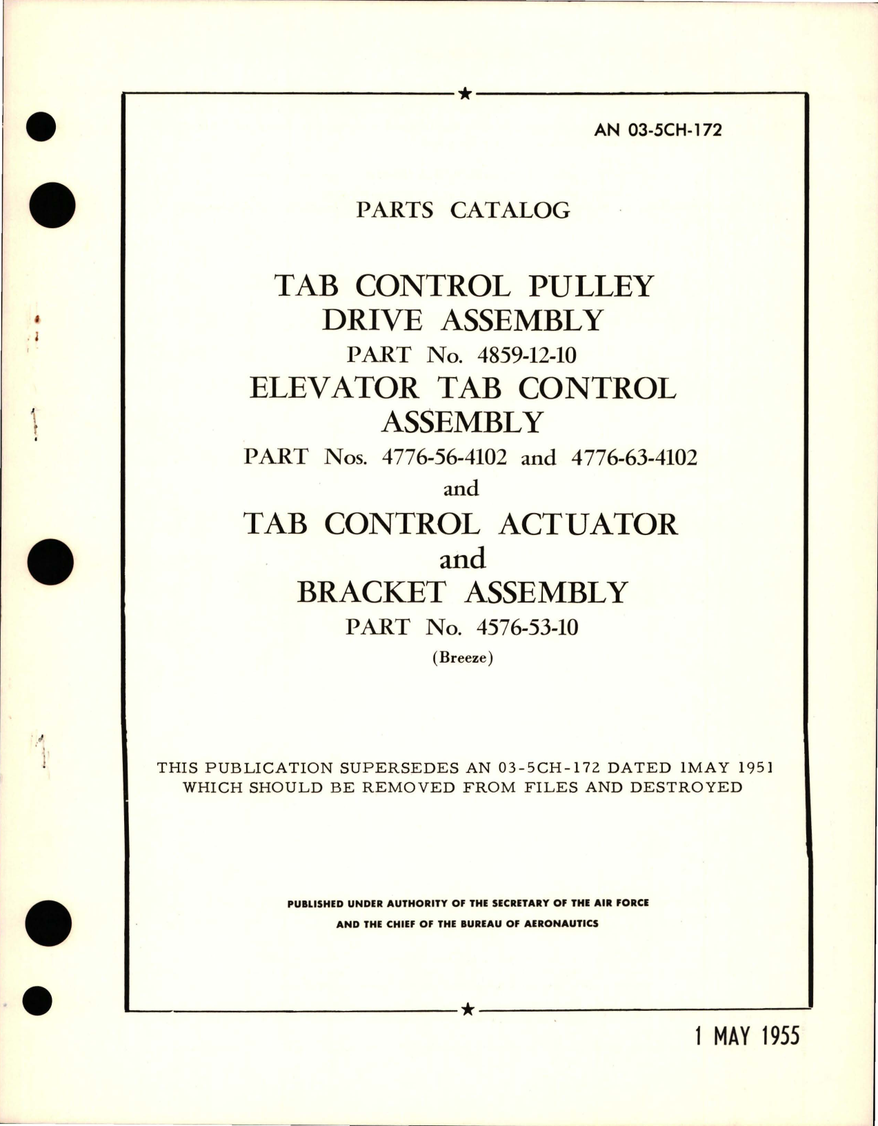 Sample page 1 from AirCorps Library document: Parts Catalog for Tab Control Pulley Drive Assembly, Elevator Tab Control Assembly, Tab Control Actuator, and Bracket Assembly 