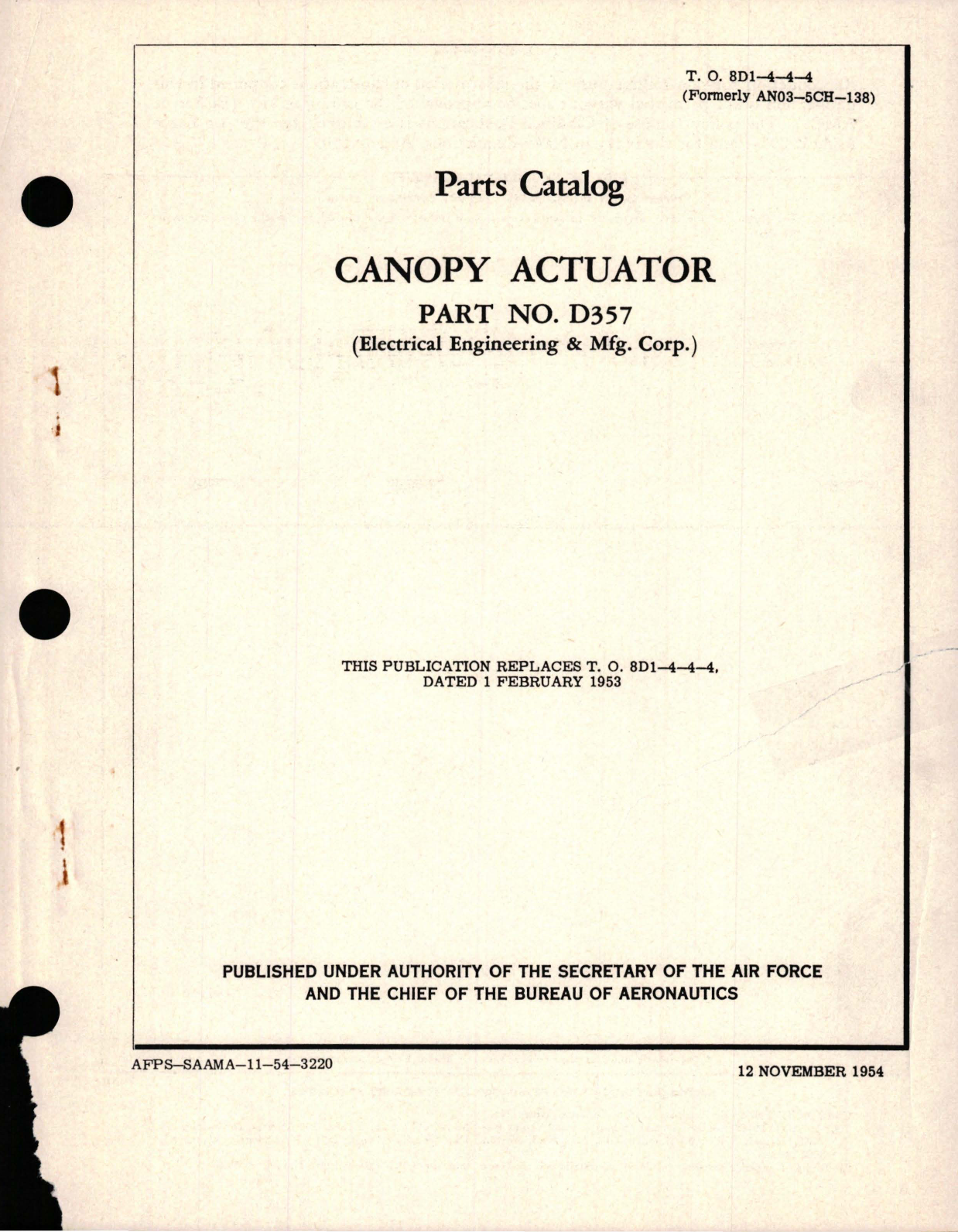 Sample page 1 from AirCorps Library document: Parts Catalog for Canopy Actuator - Part D357 