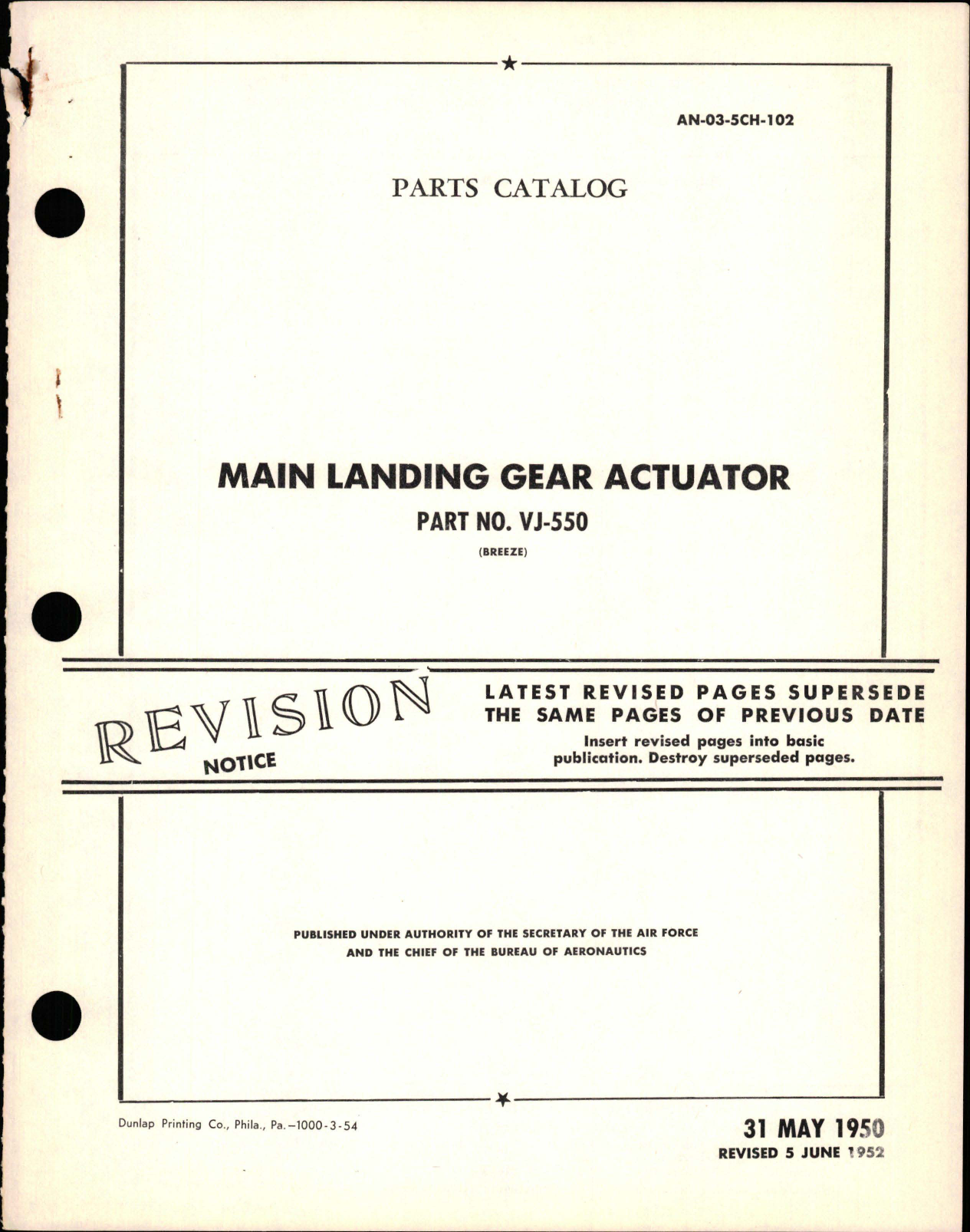 Sample page 1 from AirCorps Library document: Parts Catalog for Main Landing Gear Actuator - Part VJ-550 