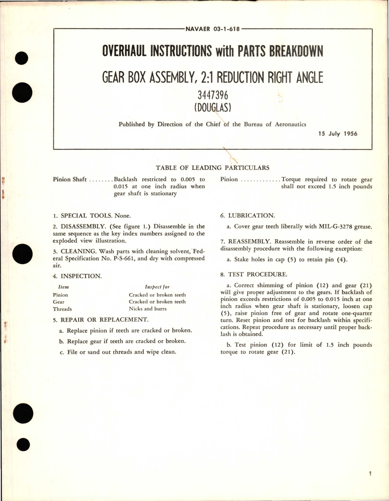 Sample page 1 from AirCorps Library document: Overhaul Instructions with Parts Breakdown for Reduction 2:1 Right Angle Gear Box Assembly - 3447396