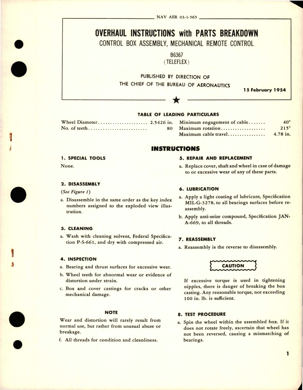 Sample page 1 from AirCorps Library document: Overhaul Instructions with Parts Breakdown for Mechanical Remote Control Box Assembly - B6367 