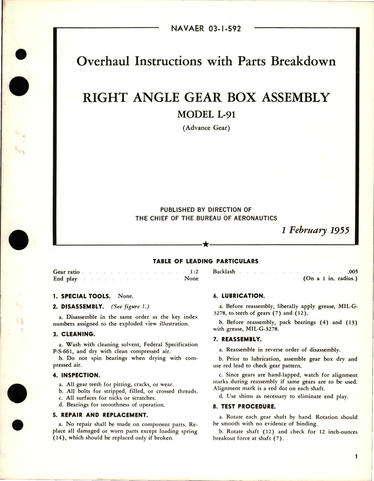 Sample page 1 from AirCorps Library document: Overhaul Instructions with Parts Breakdown for Right Angle Gear Box Assembly - Model L-91 