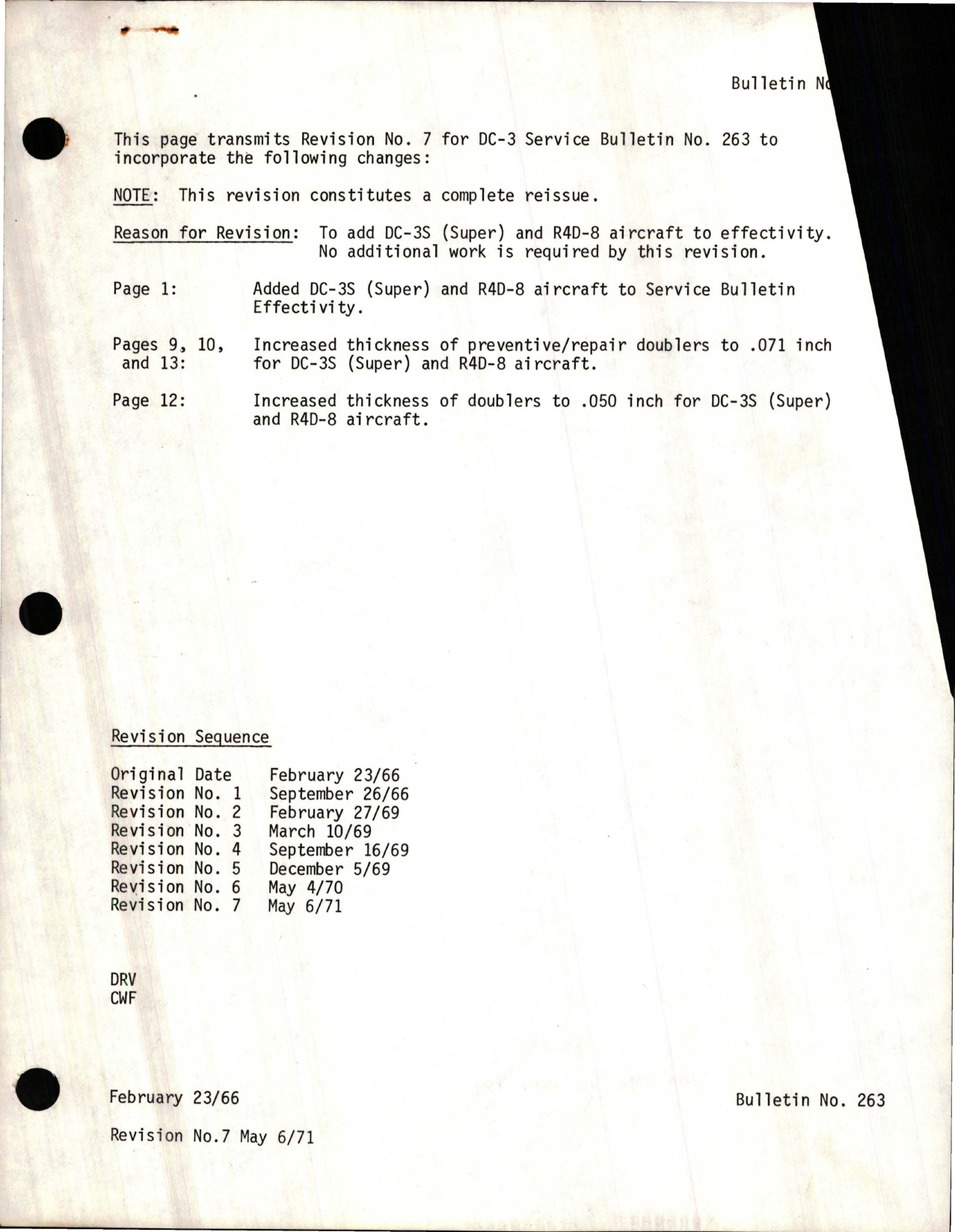 Sample page 1 from AirCorps Library document: Revision No. 7 to Bulletin No. 263 for DC-3, To add to DC-3S & R4D-8 Effectivity