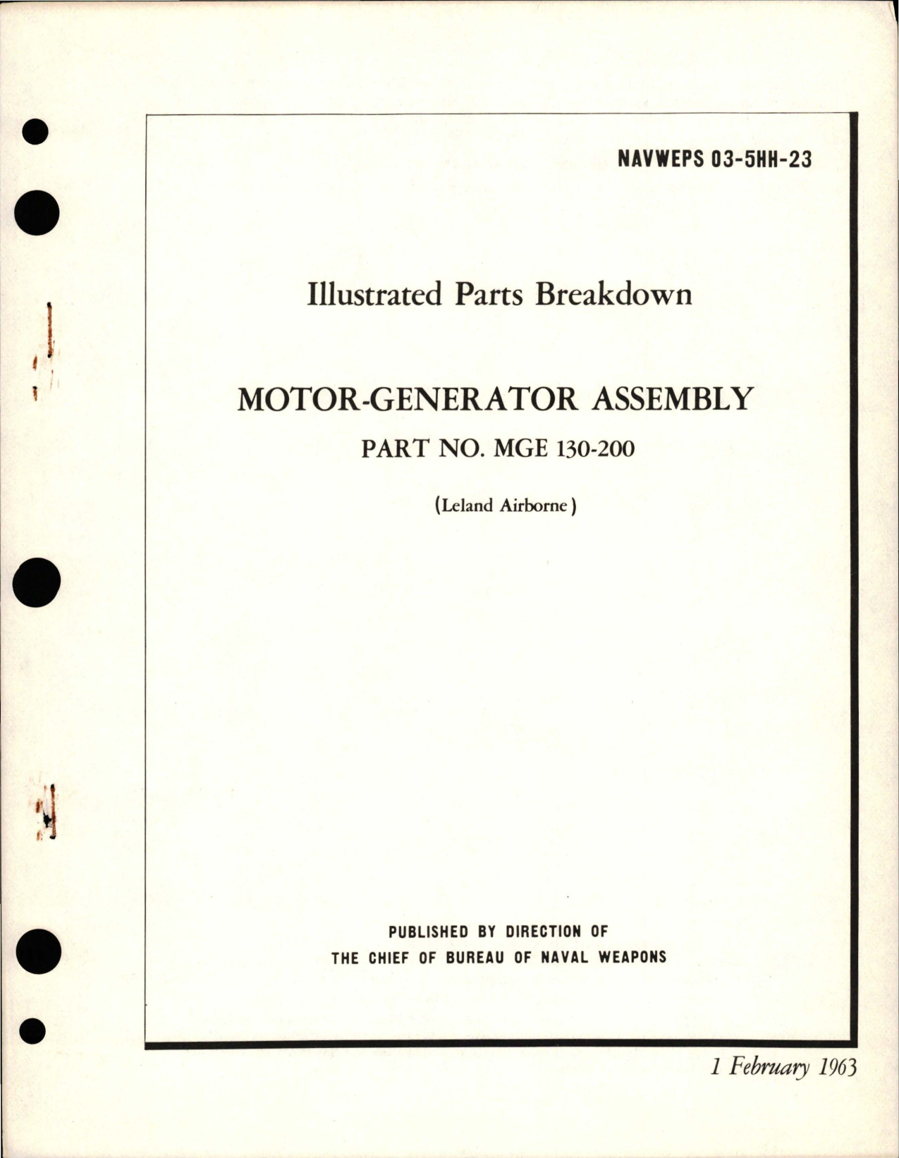 Sample page 1 from AirCorps Library document: Illustrated Parts Breakdown for Motor-Generator Assembly - Part MGE 130-200