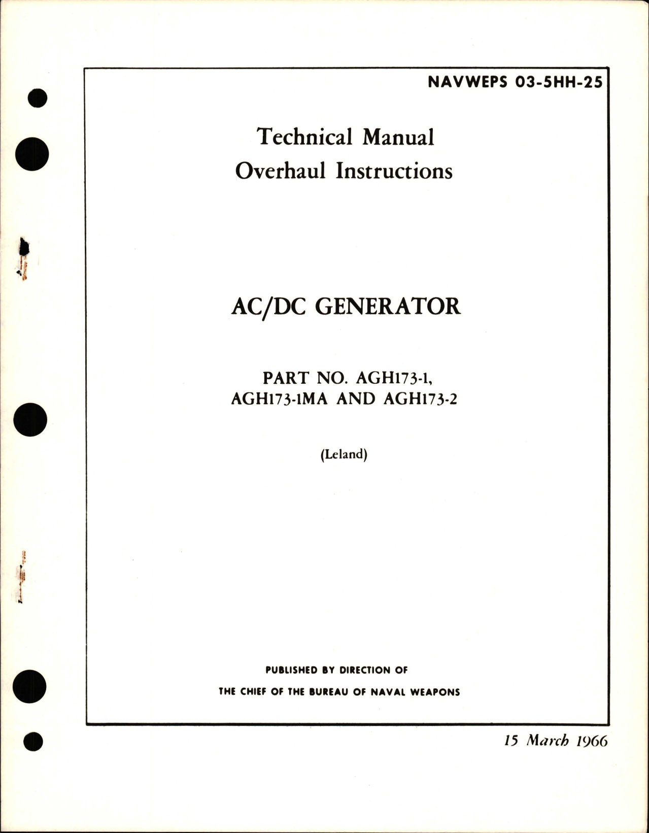 Sample page 1 from AirCorps Library document: Overhaul Instructions for AC-DC Generator - Part AGH173-1, AGH173-1MA and AGH173-2