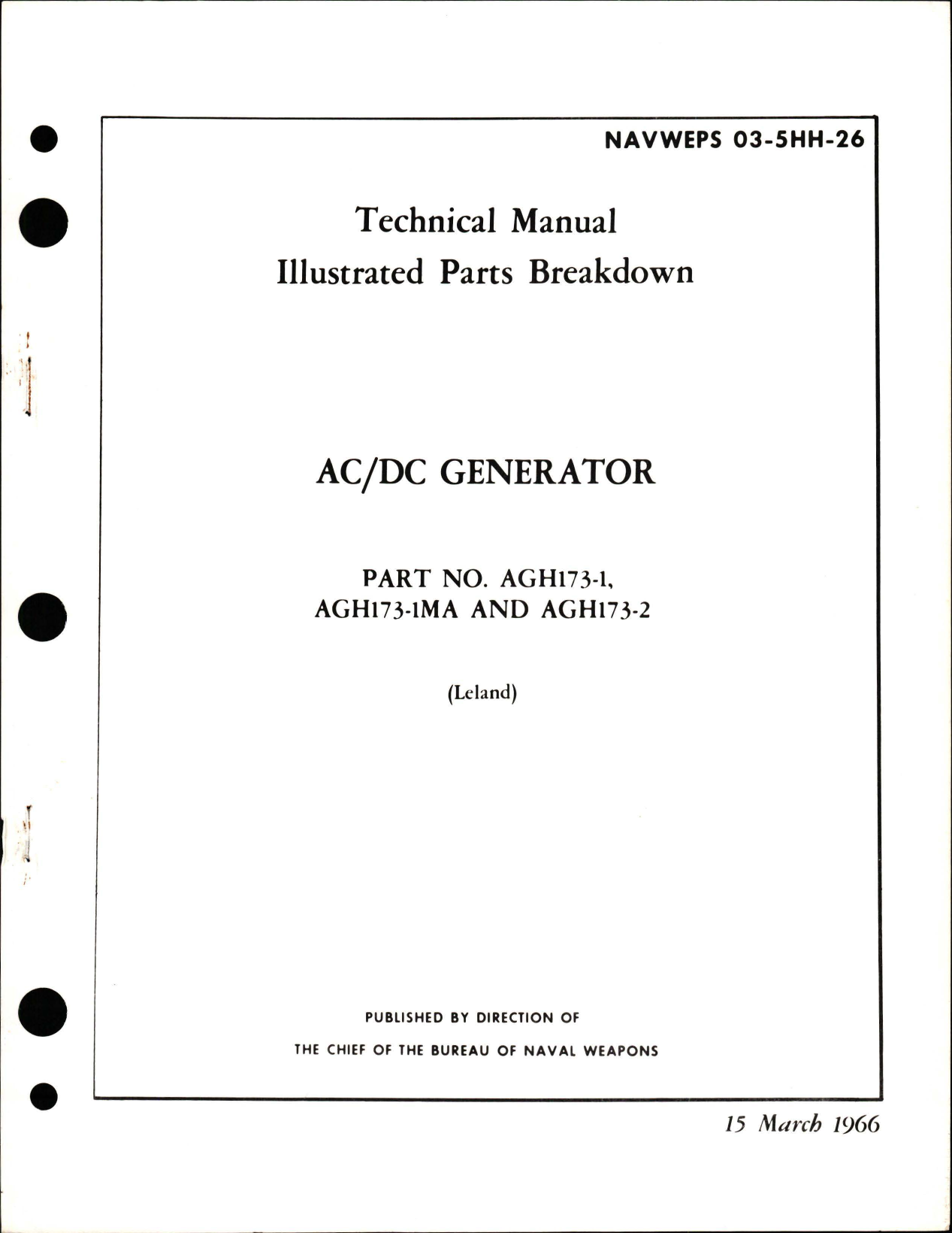 Sample page 1 from AirCorps Library document: Illustrated Parts Breakdown for AC-DC Generator - Parts AGH173-1, AGH173-1MA and AGH173-2 